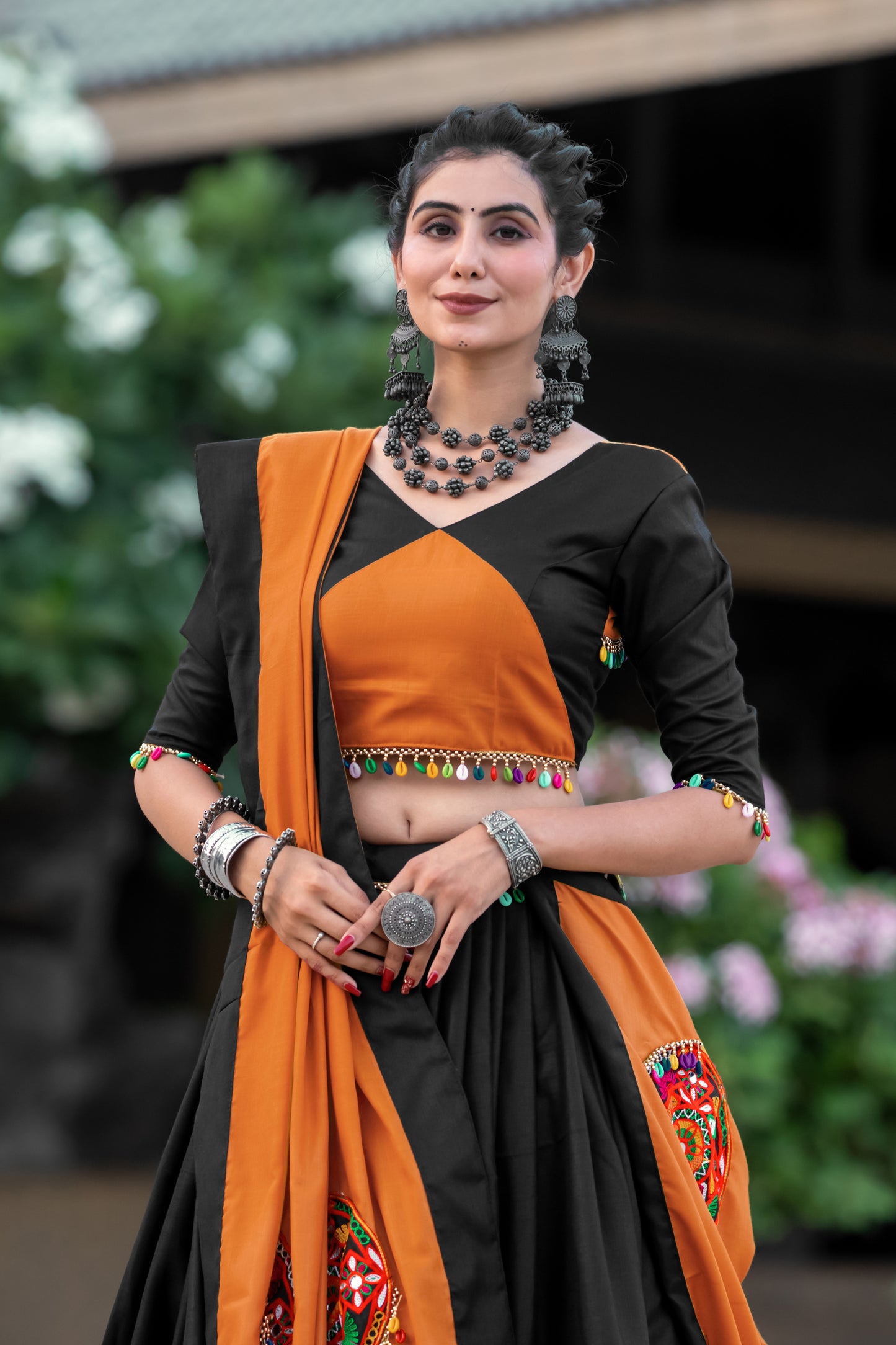 Black & Orange Cotton Navratri Chaniya Choli with Gamthi Embroidery