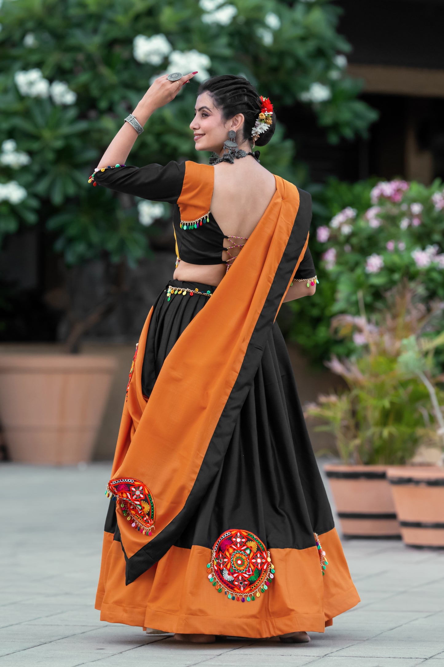 Black & Orange Cotton Navratri Chaniya Choli with Gamthi Embroidery