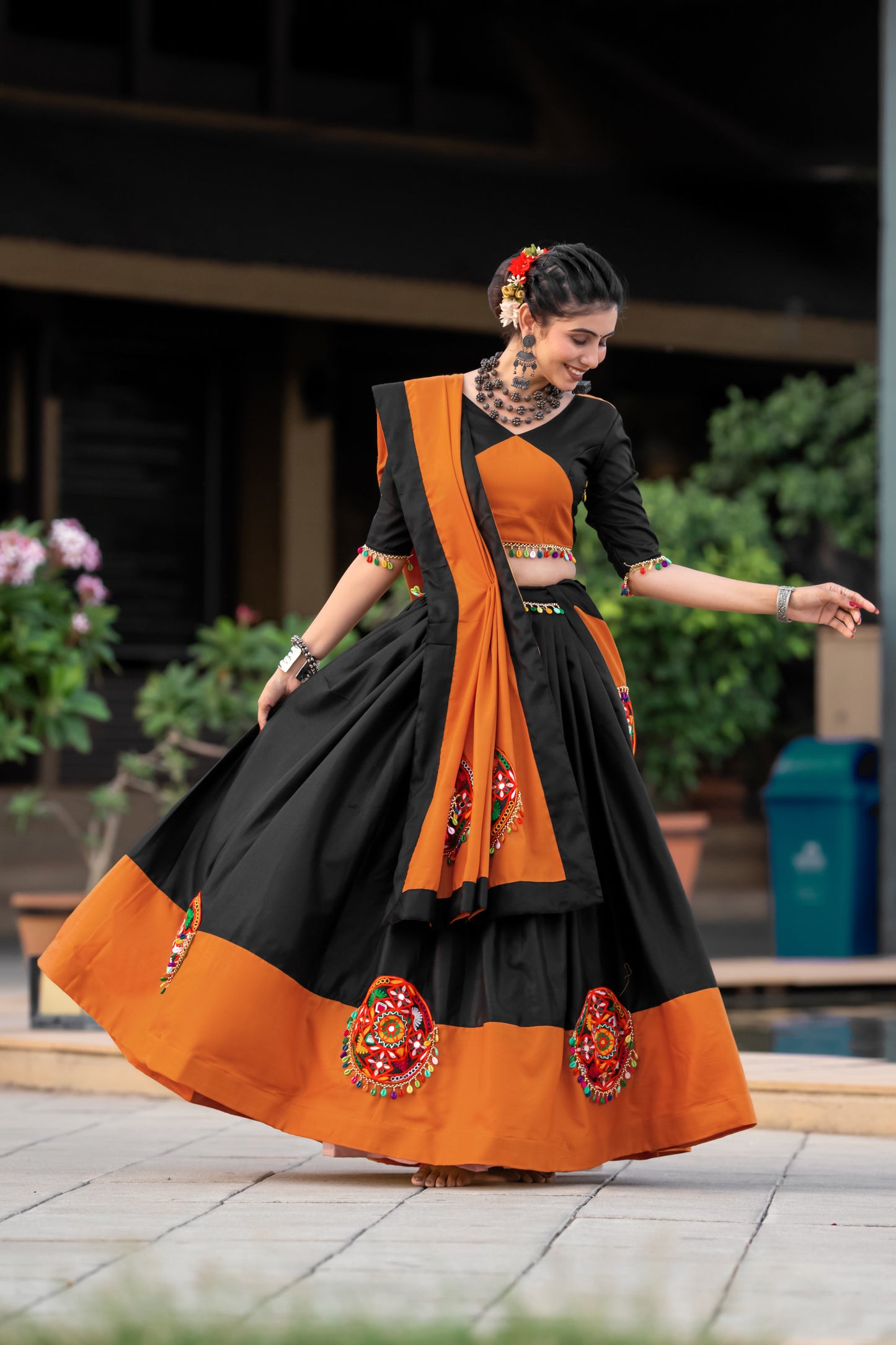 Black & Orange Cotton Navratri Chaniya Choli with Gamthi Embroidery
