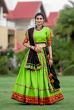 Neon Green Gamthi Work Navratri Chaniya Choli with Black Dupatta