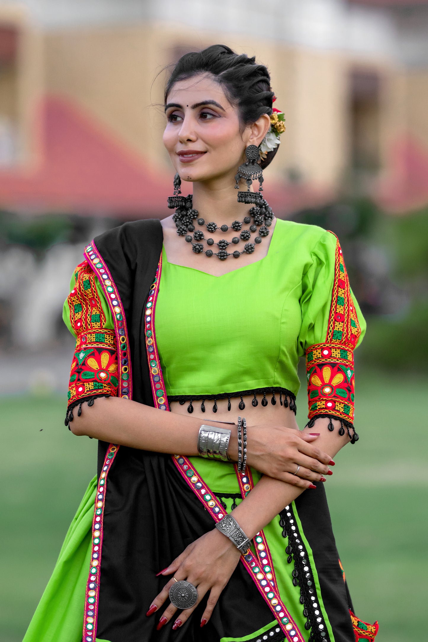 Neon Green Gamthi Work Navratri Chaniya Choli with Black Dupatta