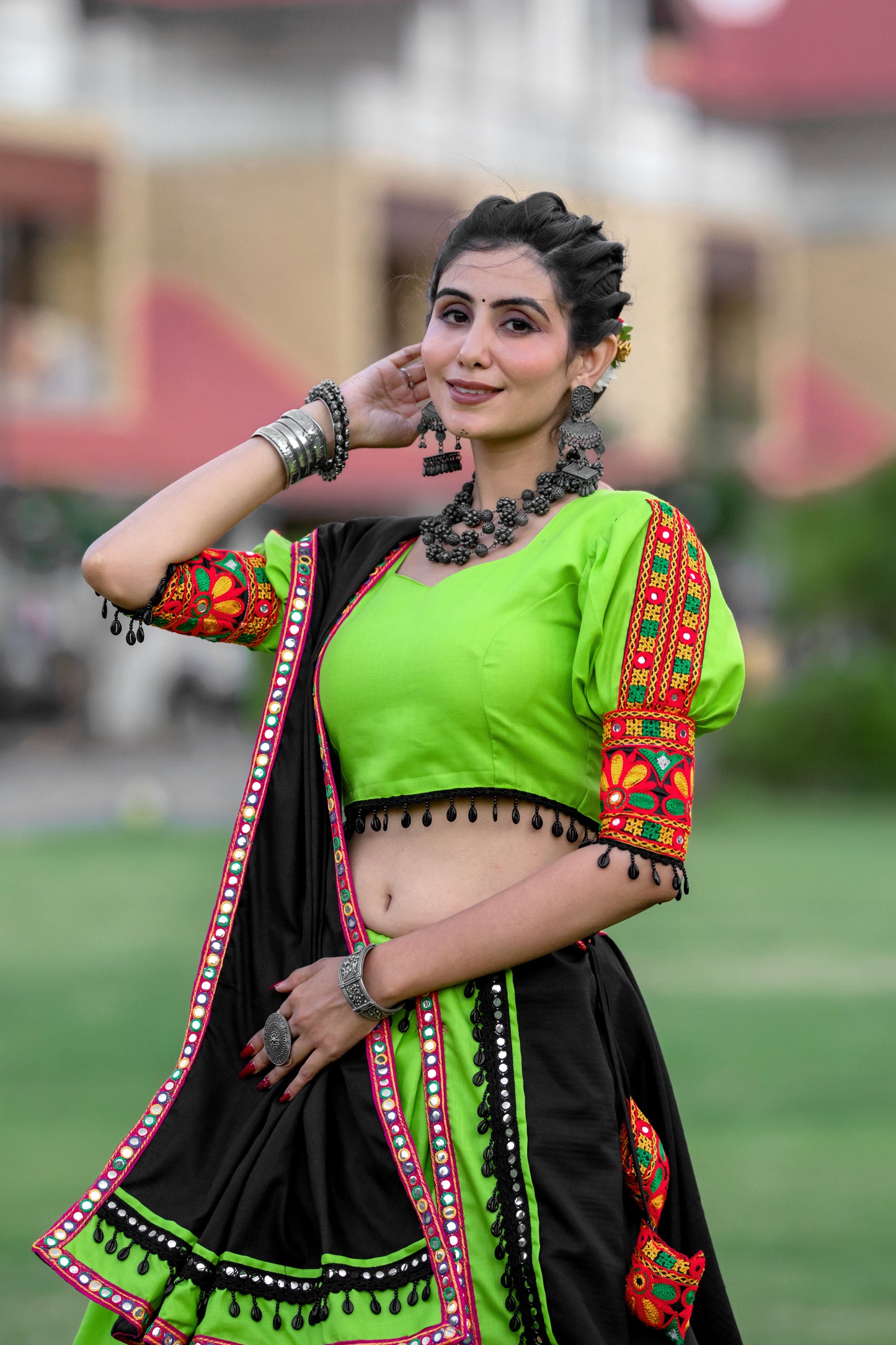 Neon Green Gamthi Work Navratri Chaniya Choli with Black Dupatta