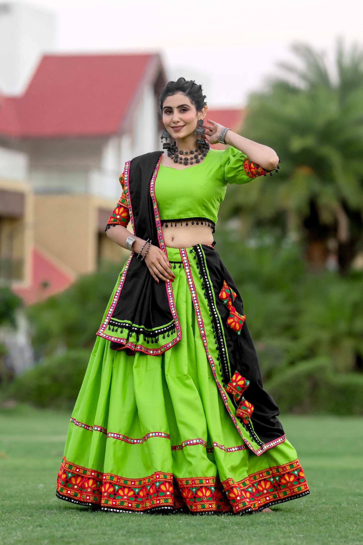 Neon Green Gamthi Work Navratri Chaniya Choli with Black Dupatta