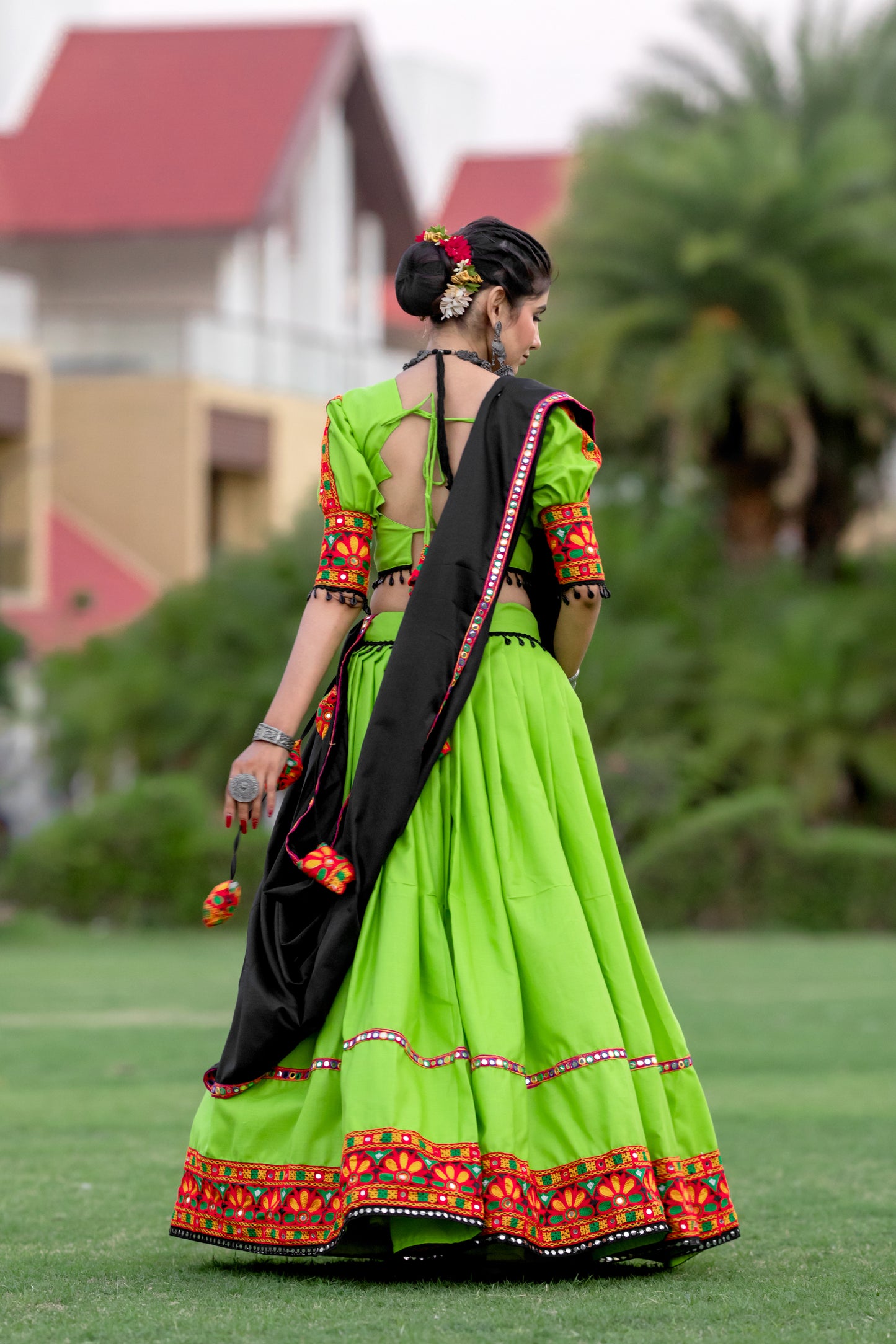 Neon Green Gamthi Work Navratri Chaniya Choli with Black Dupatta