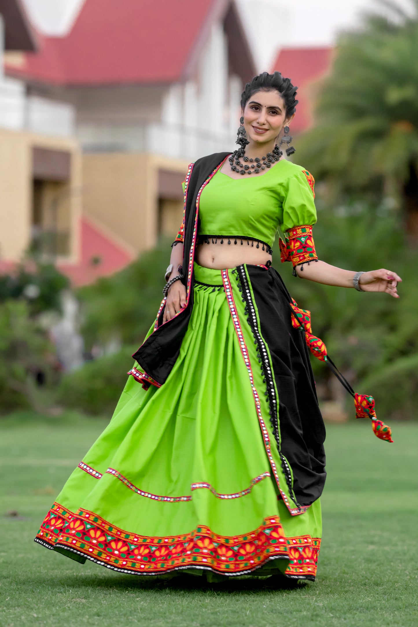 Neon Green Gamthi Work Navratri Chaniya Choli with Black Dupatta