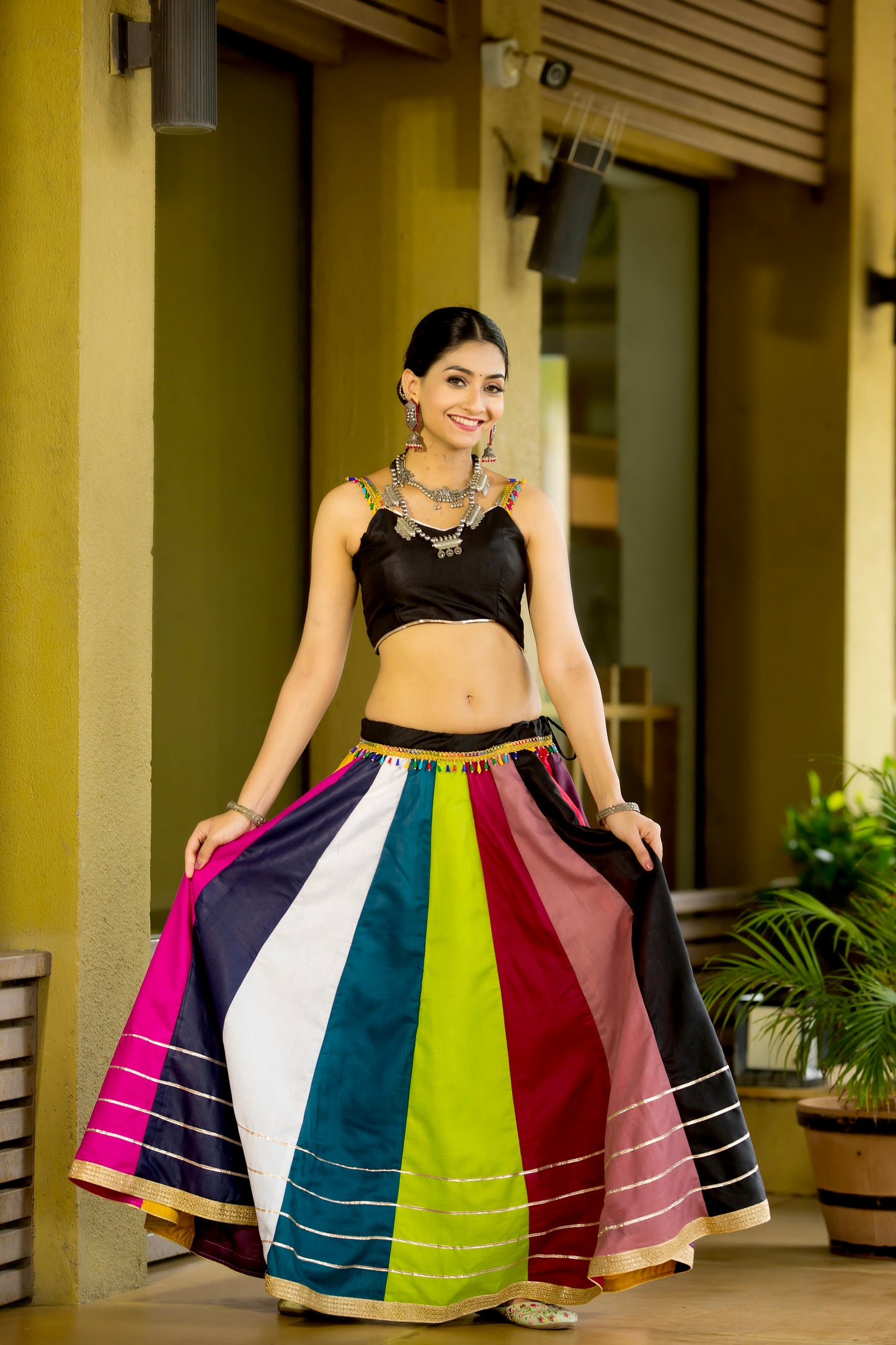Navratri Special Multicolor Striped Chaniya Choli with Black Blouse