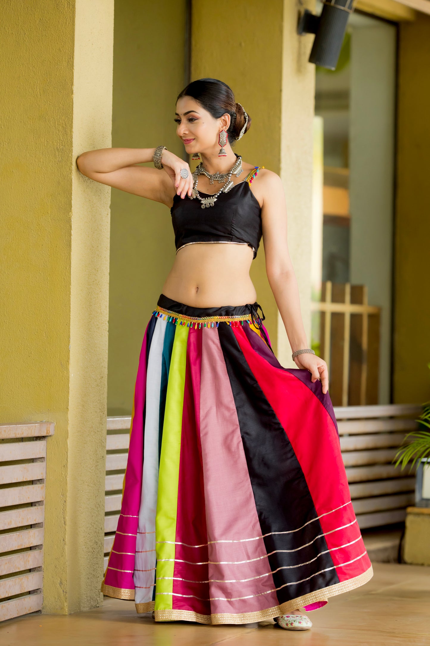 Navratri Special Multicolor Striped Chaniya Choli with Black Blouse