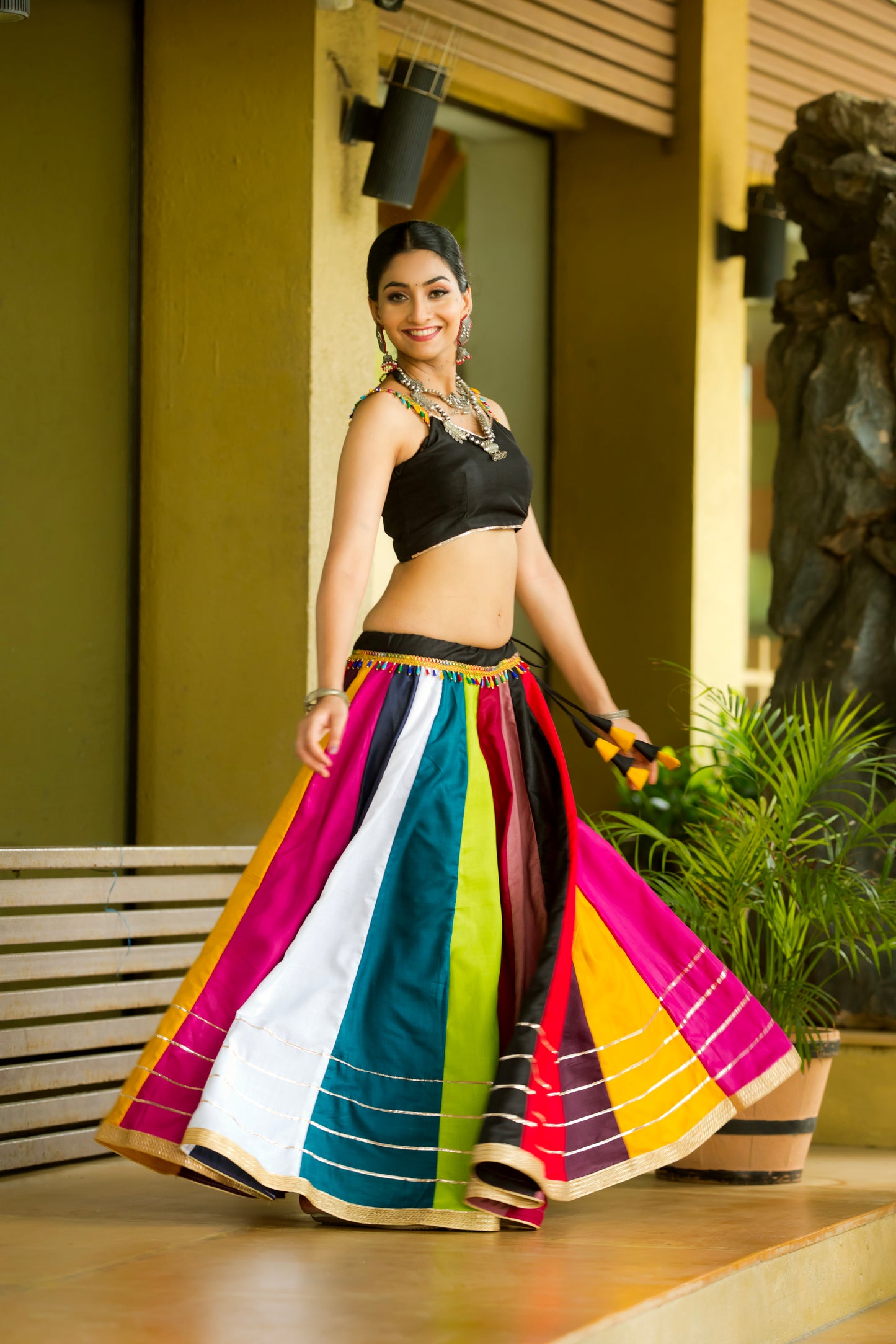Navratri Special Multicolor Striped Chaniya Choli with Black Blouse