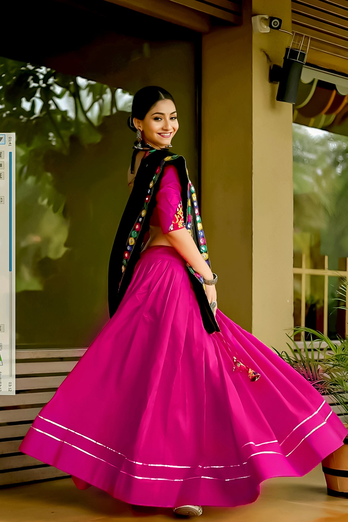 Rani Pink Cotton Navratri Chaniya Choli with Black Dupatta & Gamthi Mirror Work
