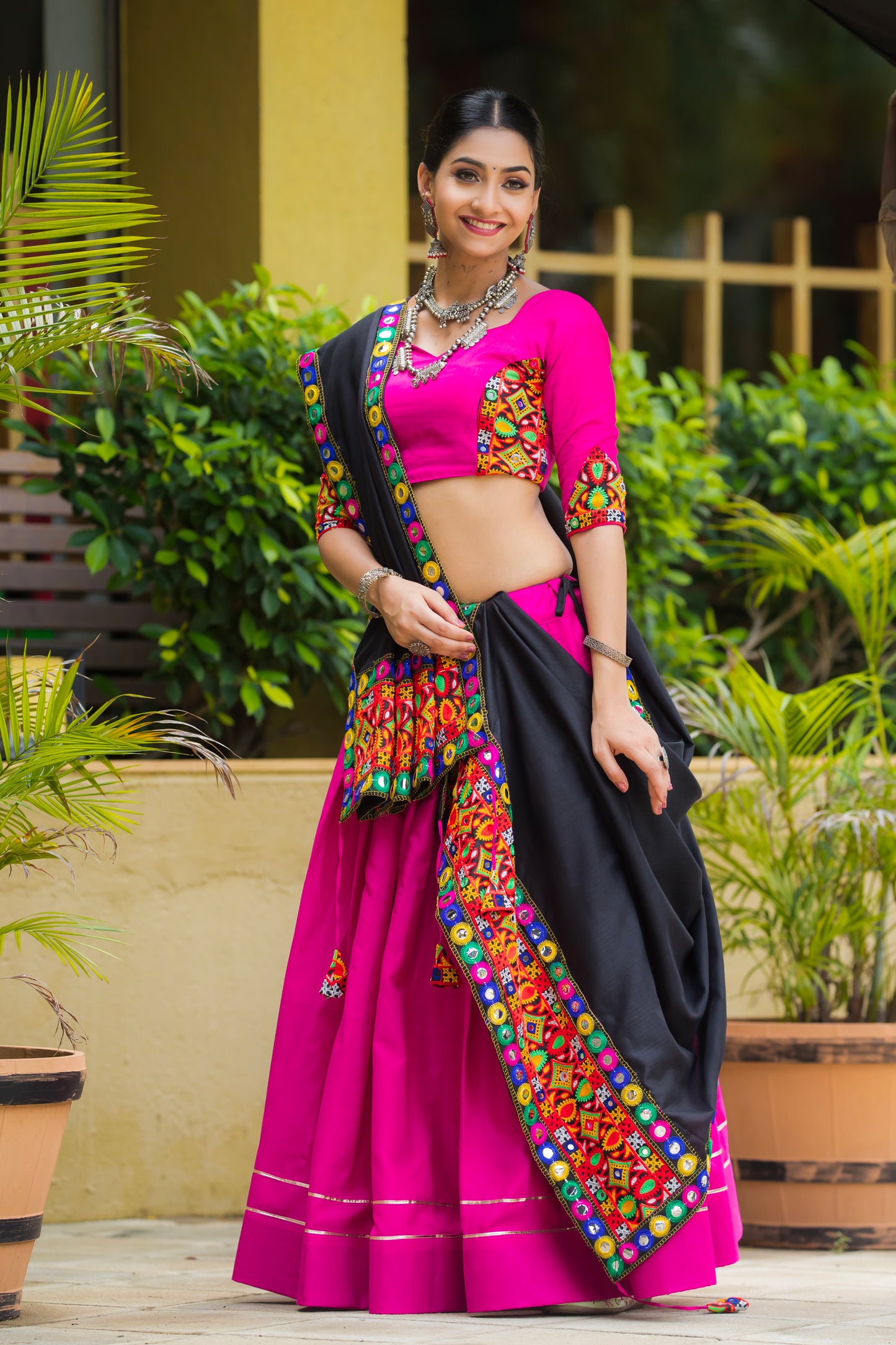 Rani Pink Cotton Navratri Chaniya Choli with Black Dupatta & Gamthi Mirror Work