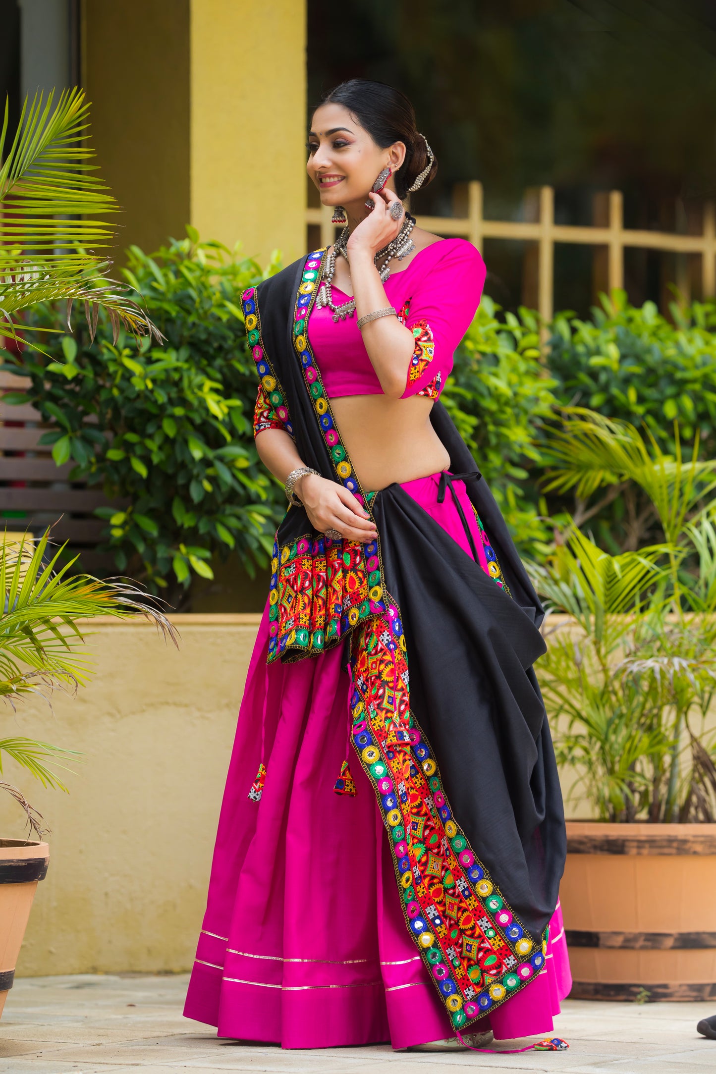 Rani Pink Cotton Navratri Chaniya Choli with Black Dupatta & Gamthi Mirror Work