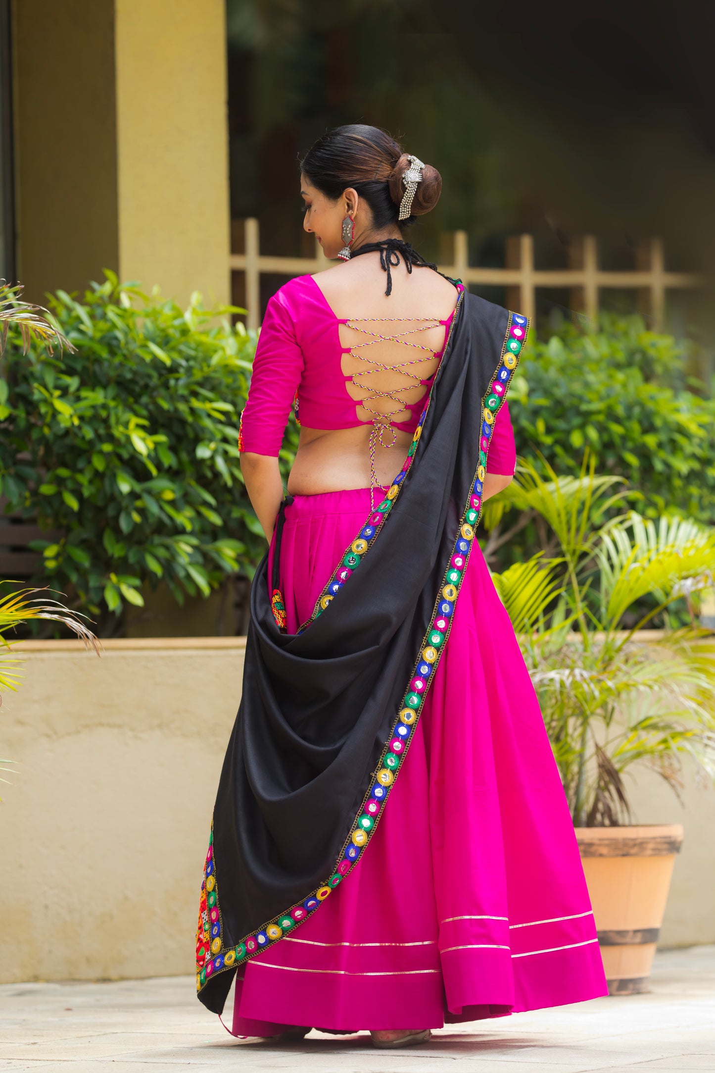Rani Pink Cotton Navratri Chaniya Choli with Black Dupatta & Gamthi Mirror Work