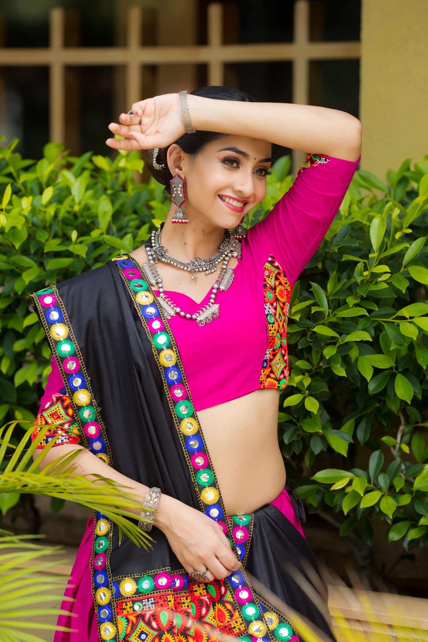 Rani Pink Cotton Navratri Chaniya Choli with Black Dupatta & Gamthi Mirror Work