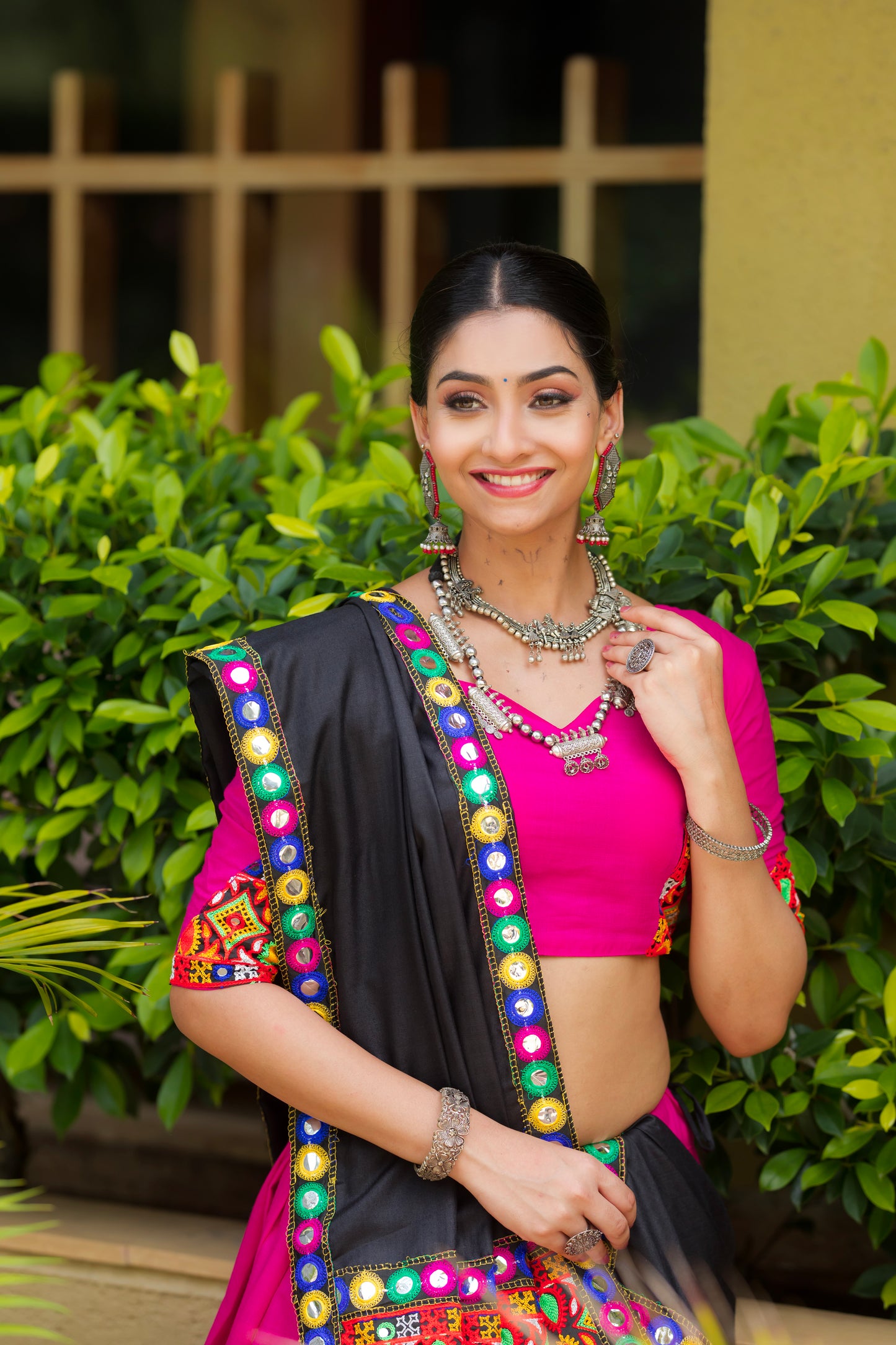 Rani Pink Cotton Navratri Chaniya Choli with Black Dupatta & Gamthi Mirror Work