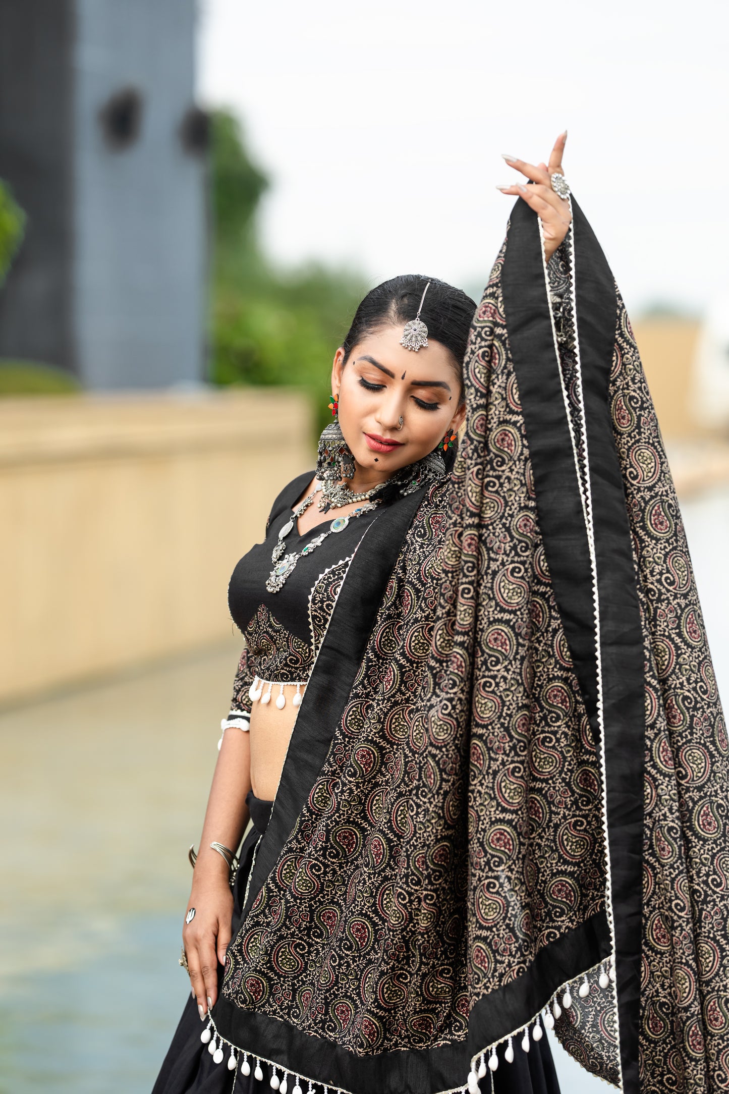 Black Ajrakh Print Chaniya Choli with Dupatta – Traditional Navratri & Garba Wear