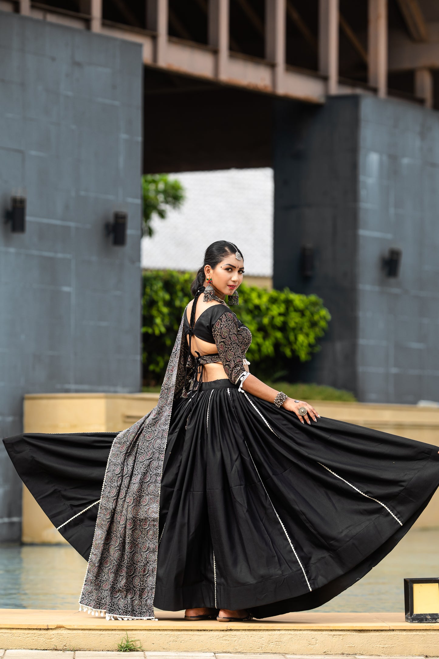 Black Ajrakh Print Chaniya Choli with Dupatta – Traditional Navratri & Garba Wear
