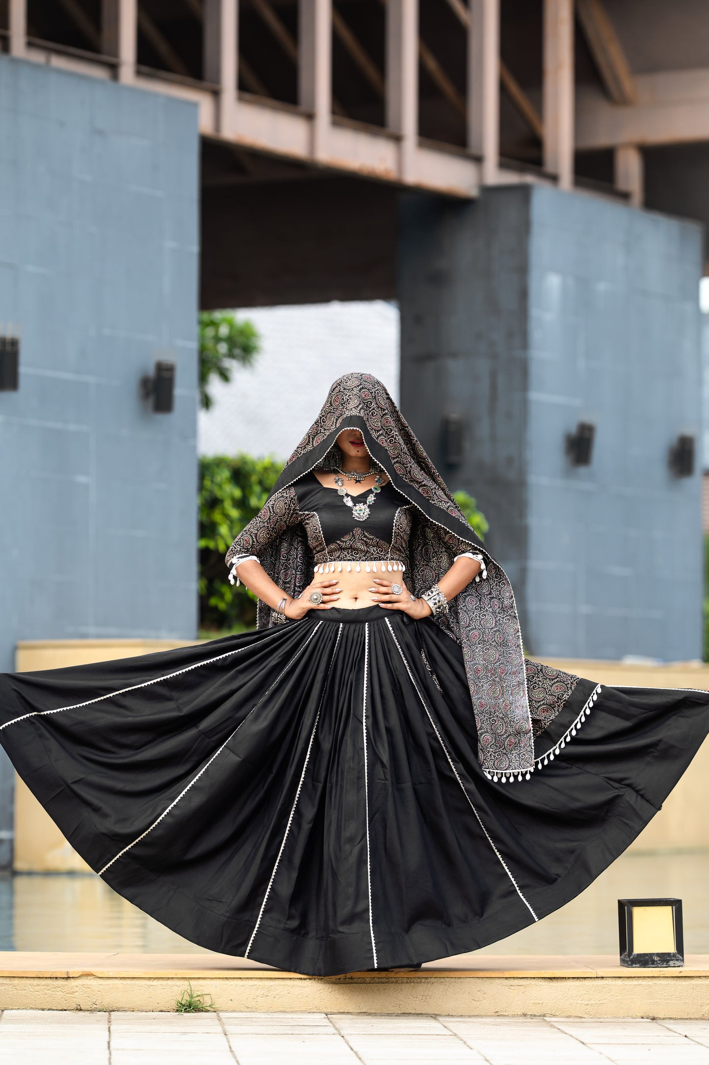 Black Ajrakh Print Chaniya Choli with Dupatta – Traditional Navratri & Garba Wear