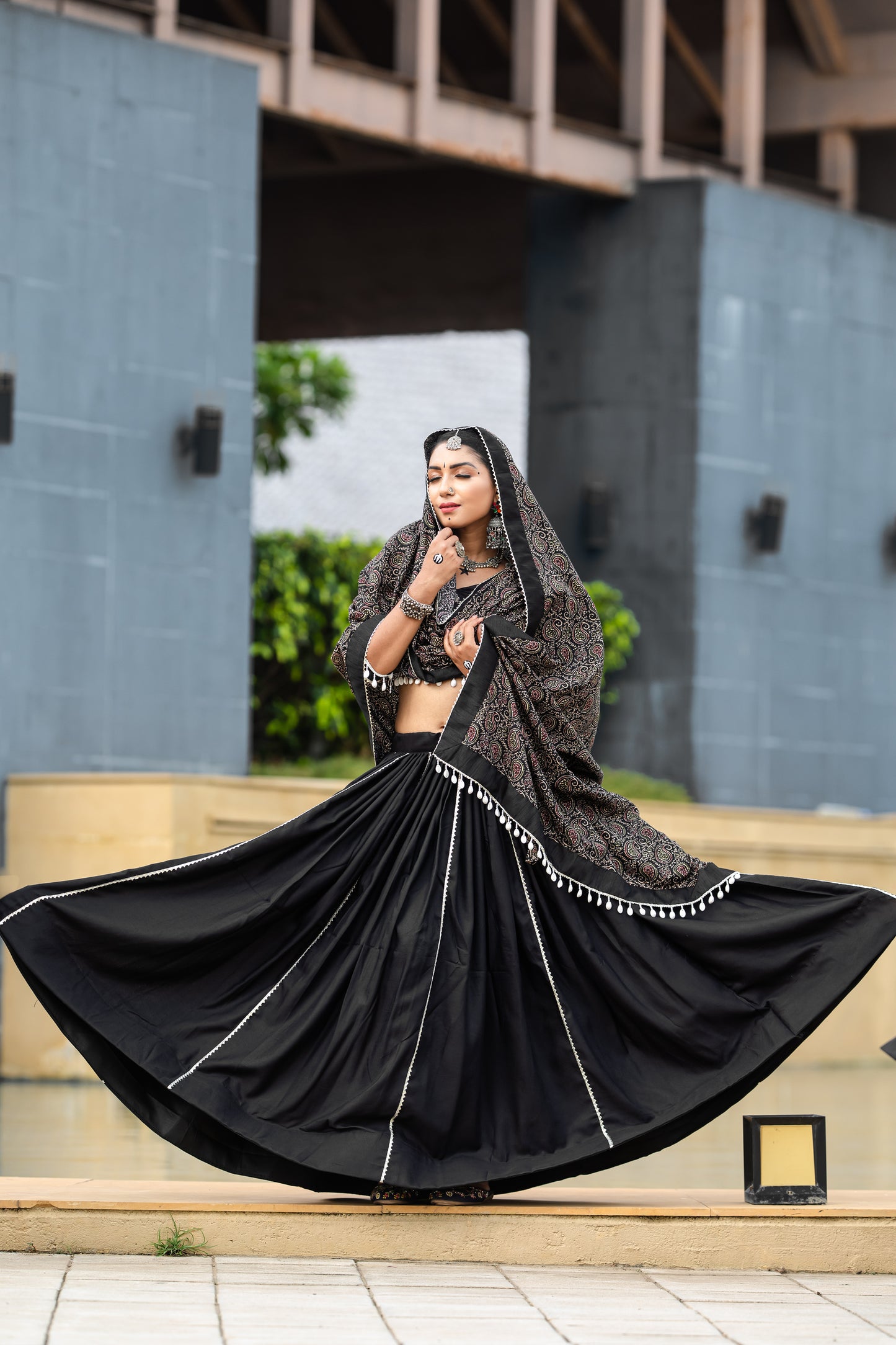 Black Ajrakh Print Chaniya Choli with Dupatta – Traditional Navratri & Garba Wear