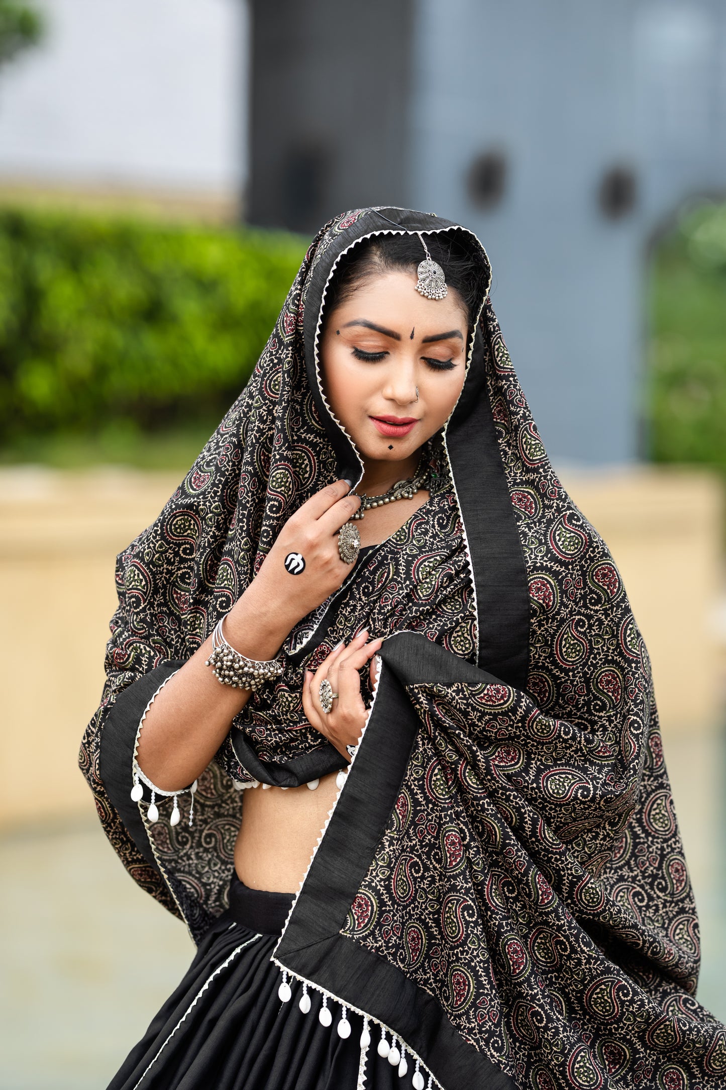 Black Ajrakh Print Chaniya Choli with Dupatta – Traditional Navratri & Garba Wear