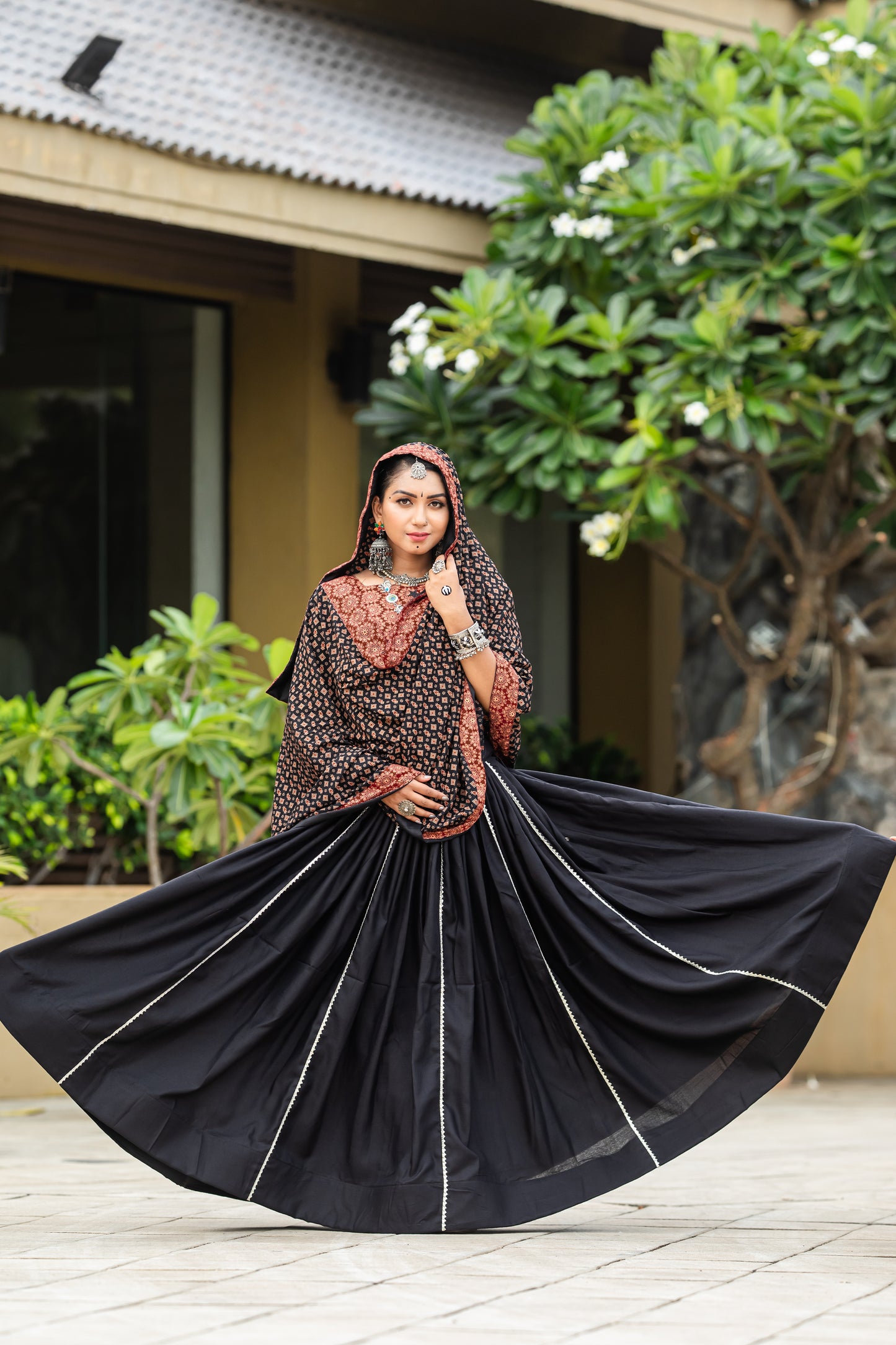 Elegant Ajrakh Print Black & Maroon Navratri Chaniya Choli Set