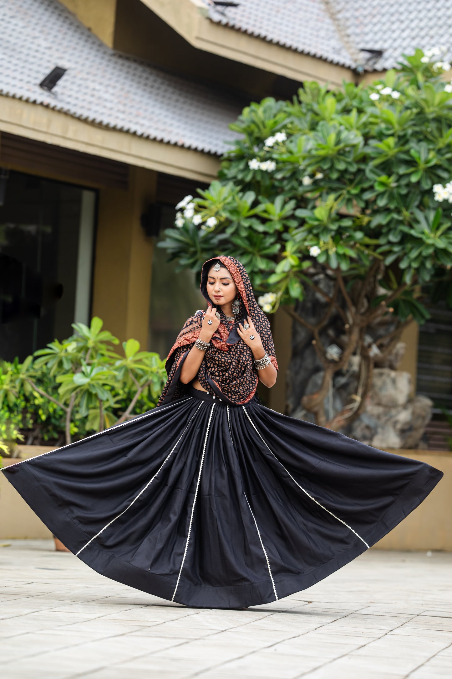Elegant Ajrakh Print Black & Maroon Navratri Chaniya Choli Set