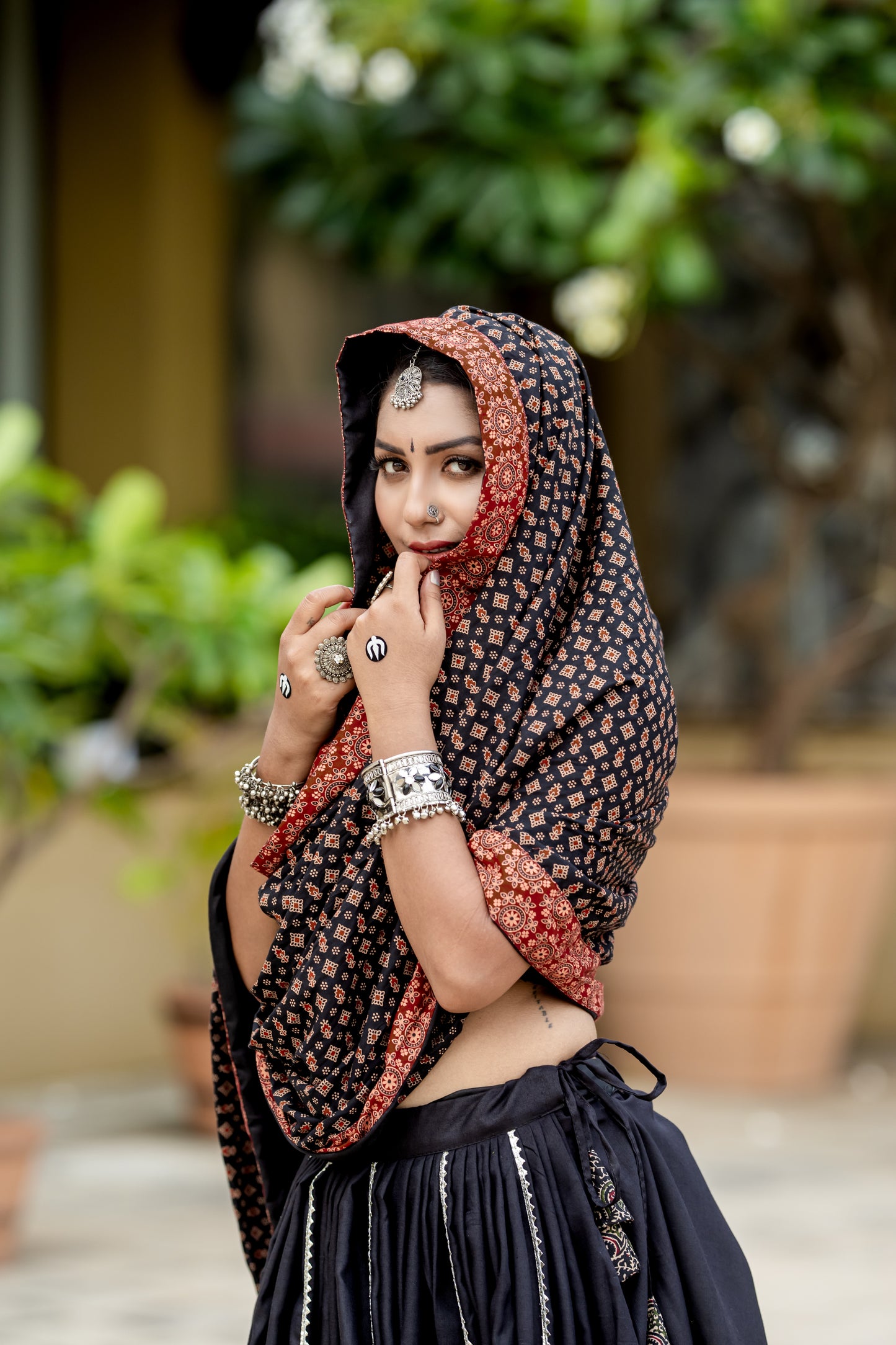 Elegant Ajrakh Print Black & Maroon Navratri Chaniya Choli Set