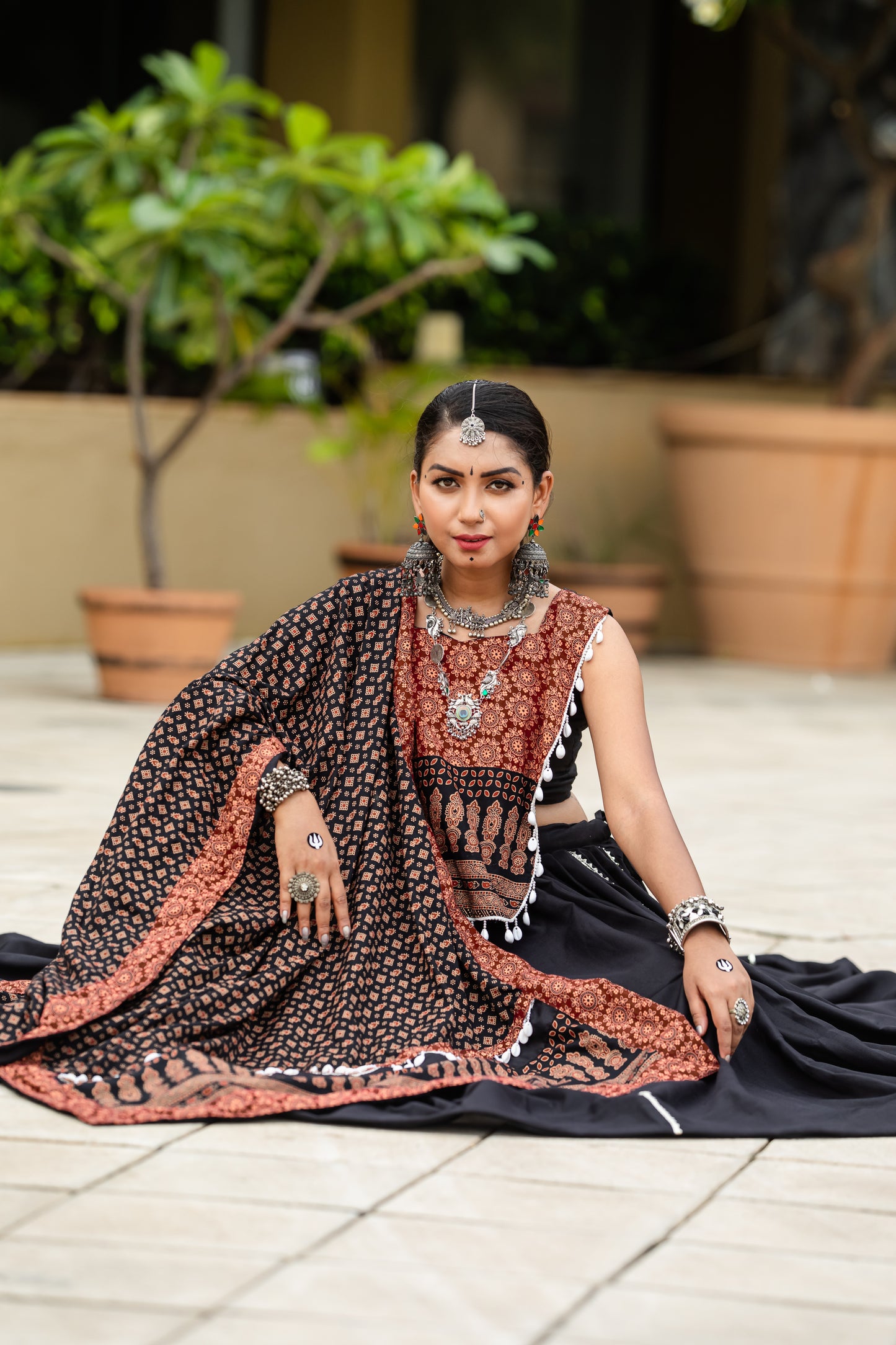 Elegant Ajrakh Print Black & Maroon Navratri Chaniya Choli Set