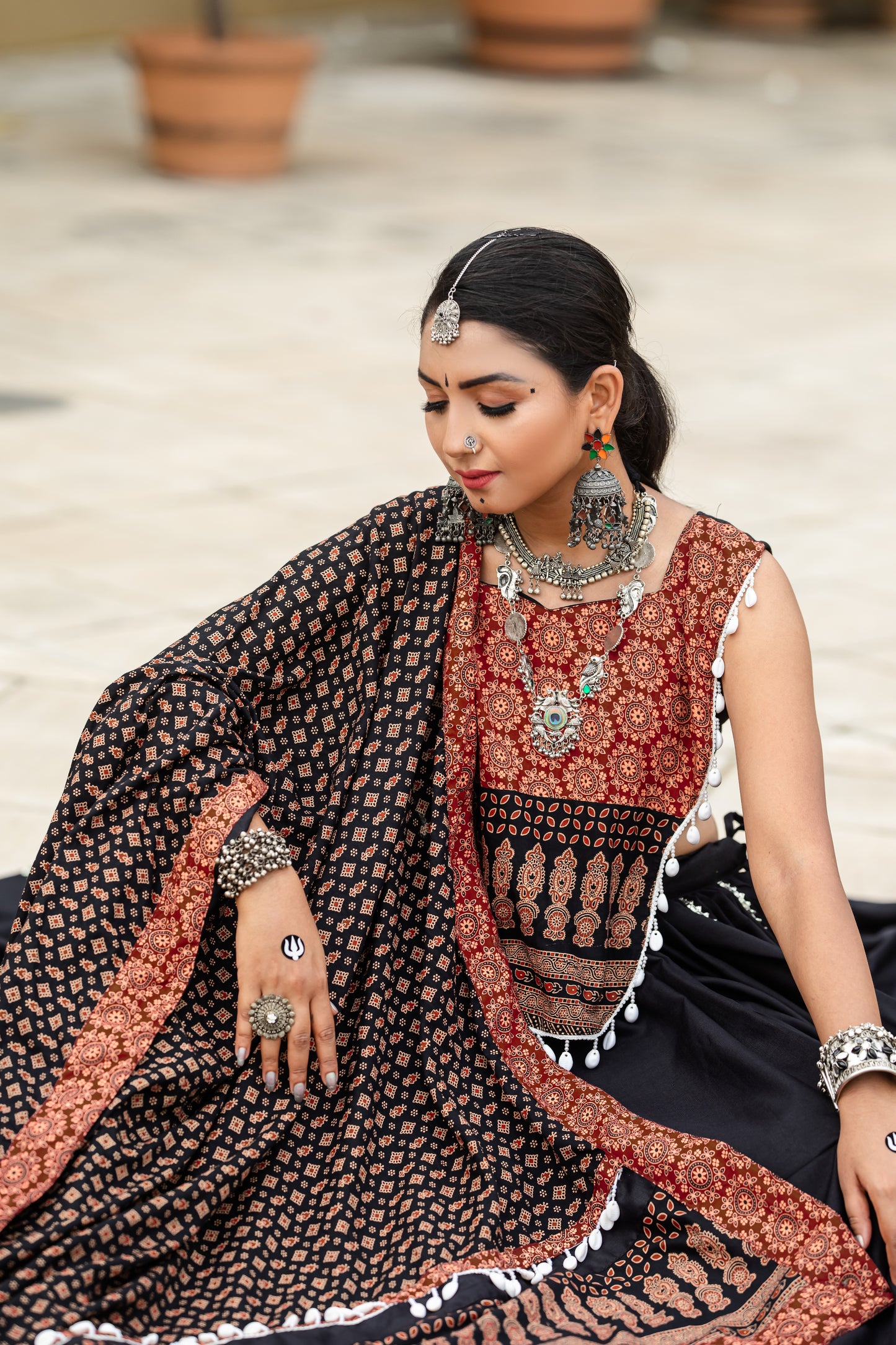 Elegant Ajrakh Print Black & Maroon Navratri Chaniya Choli Set
