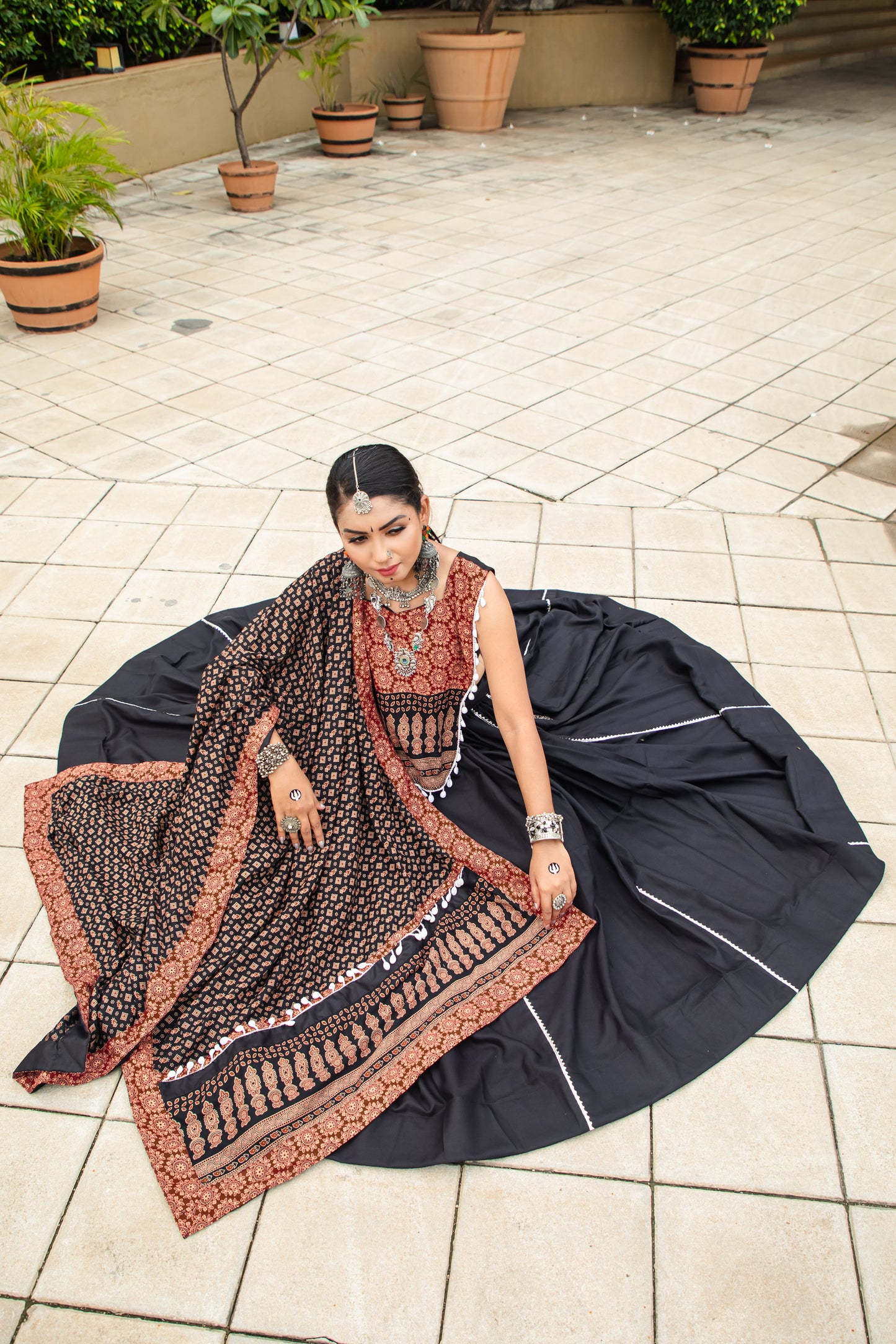 Elegant Ajrakh Print Black & Maroon Navratri Chaniya Choli Set