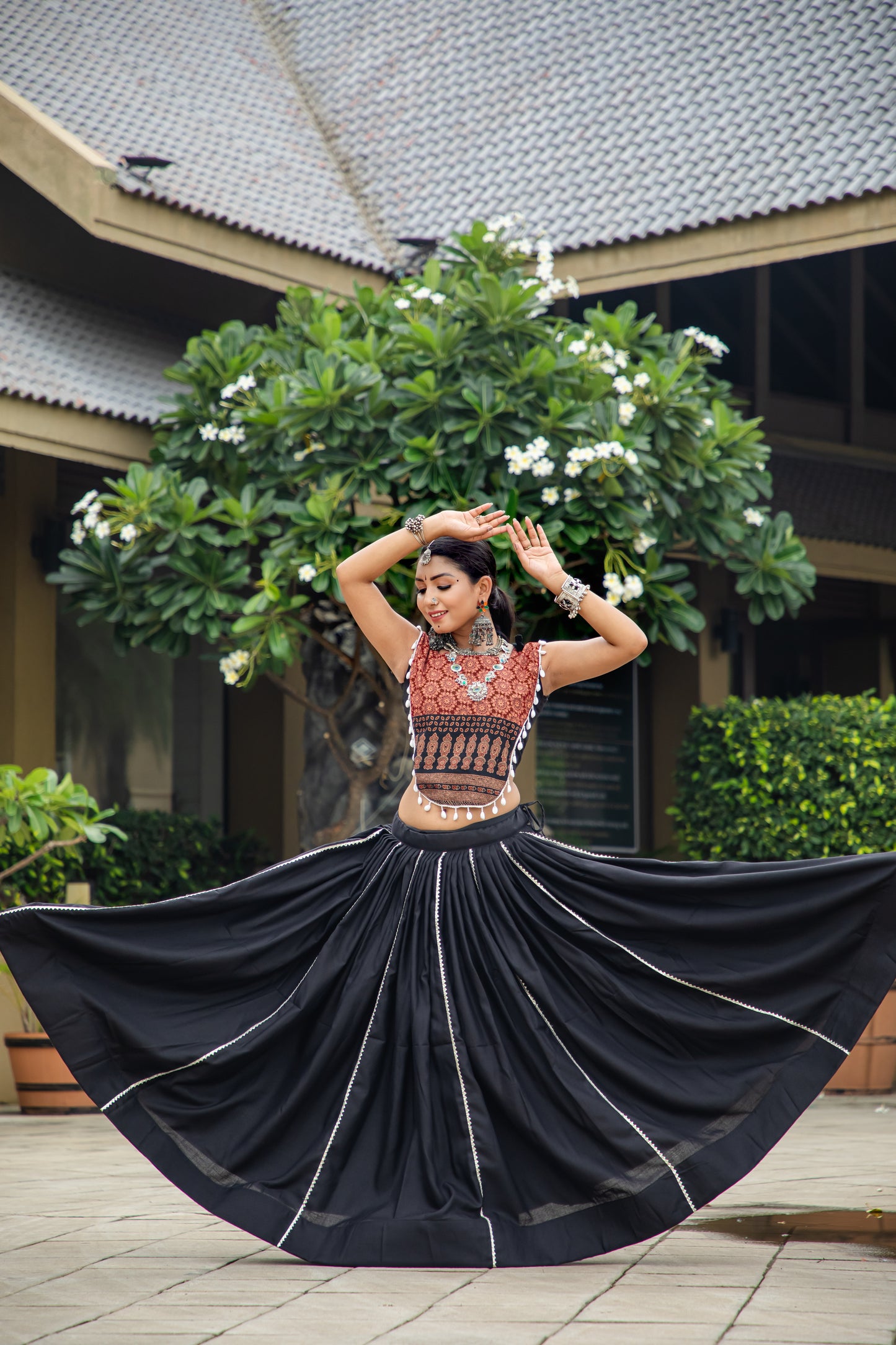 Elegant Ajrakh Print Black & Maroon Navratri Chaniya Choli Set