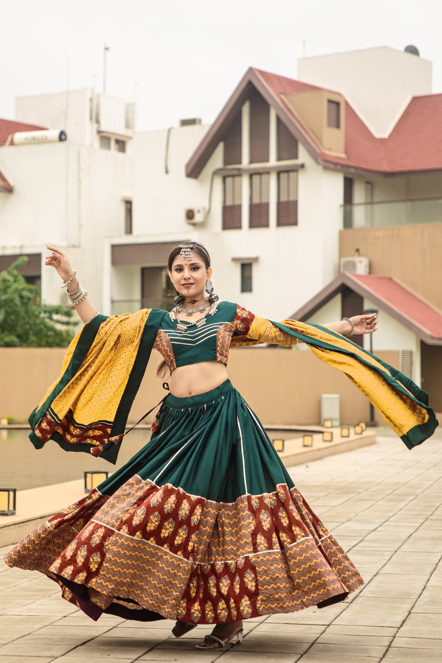 Rajwadi Green & Mustard Pure Cotton Navratri Chaniya Choli