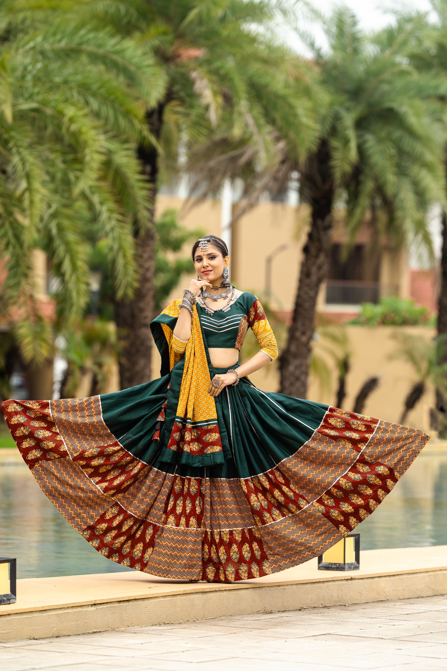 Rajwadi Green & Mustard Pure Cotton Navratri Chaniya Choli