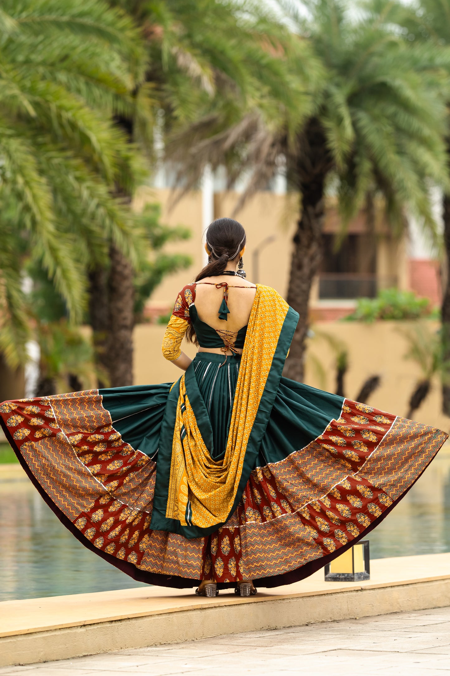 Rajwadi Green & Mustard Pure Cotton Navratri Chaniya Choli
