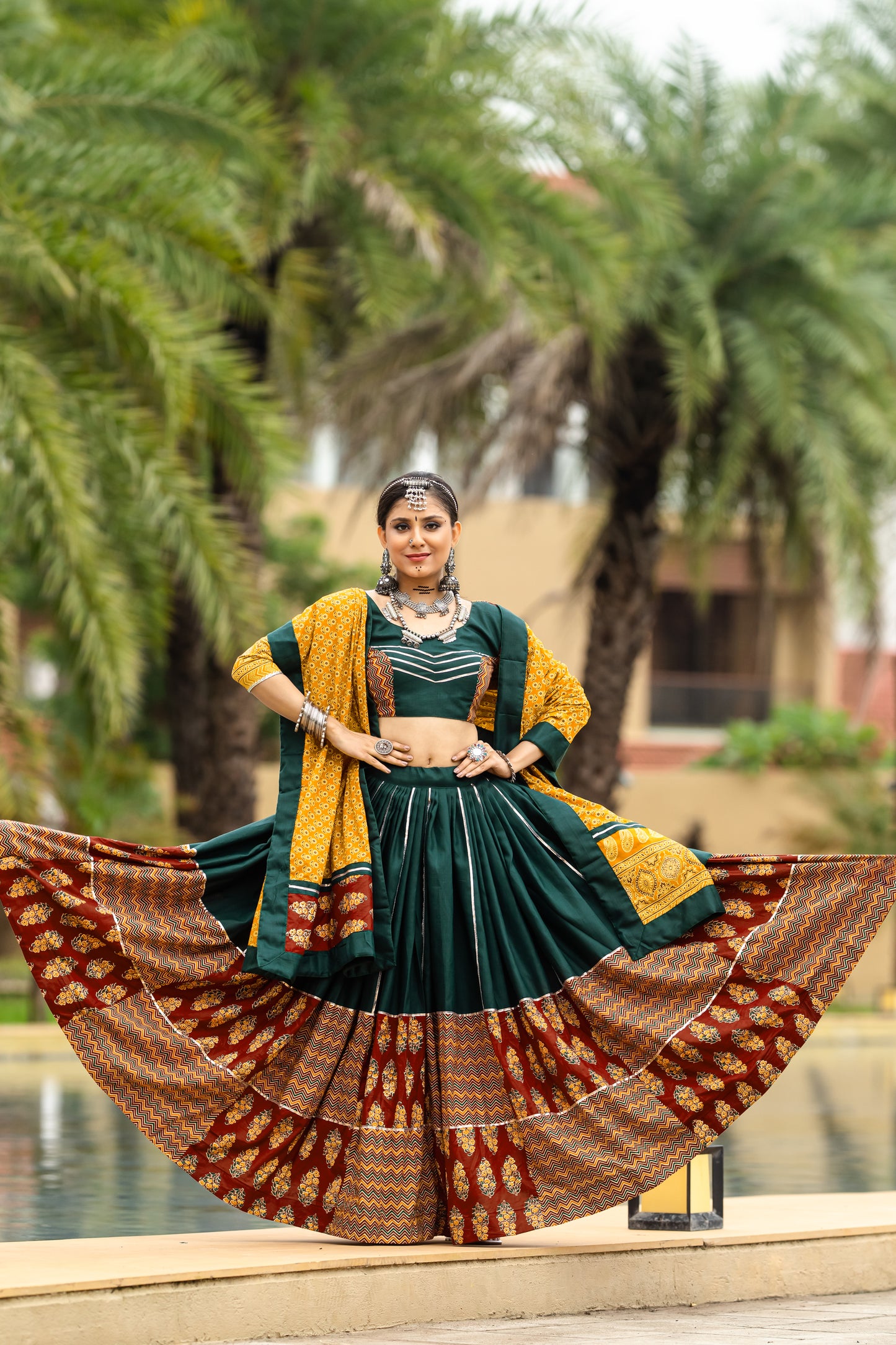 Rajwadi Green & Mustard Pure Cotton Navratri Chaniya Choli