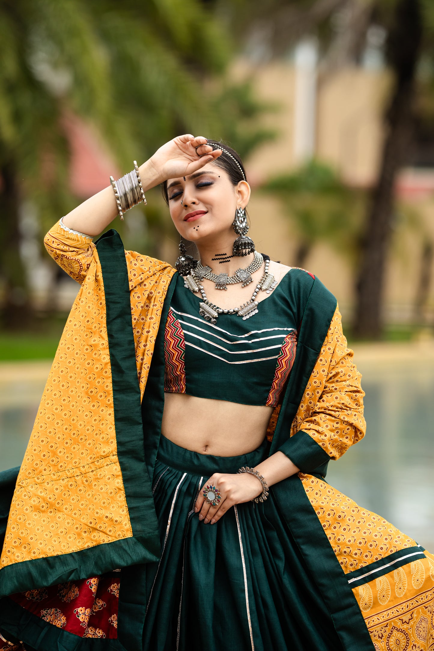 Rajwadi Green & Mustard Pure Cotton Navratri Chaniya Choli