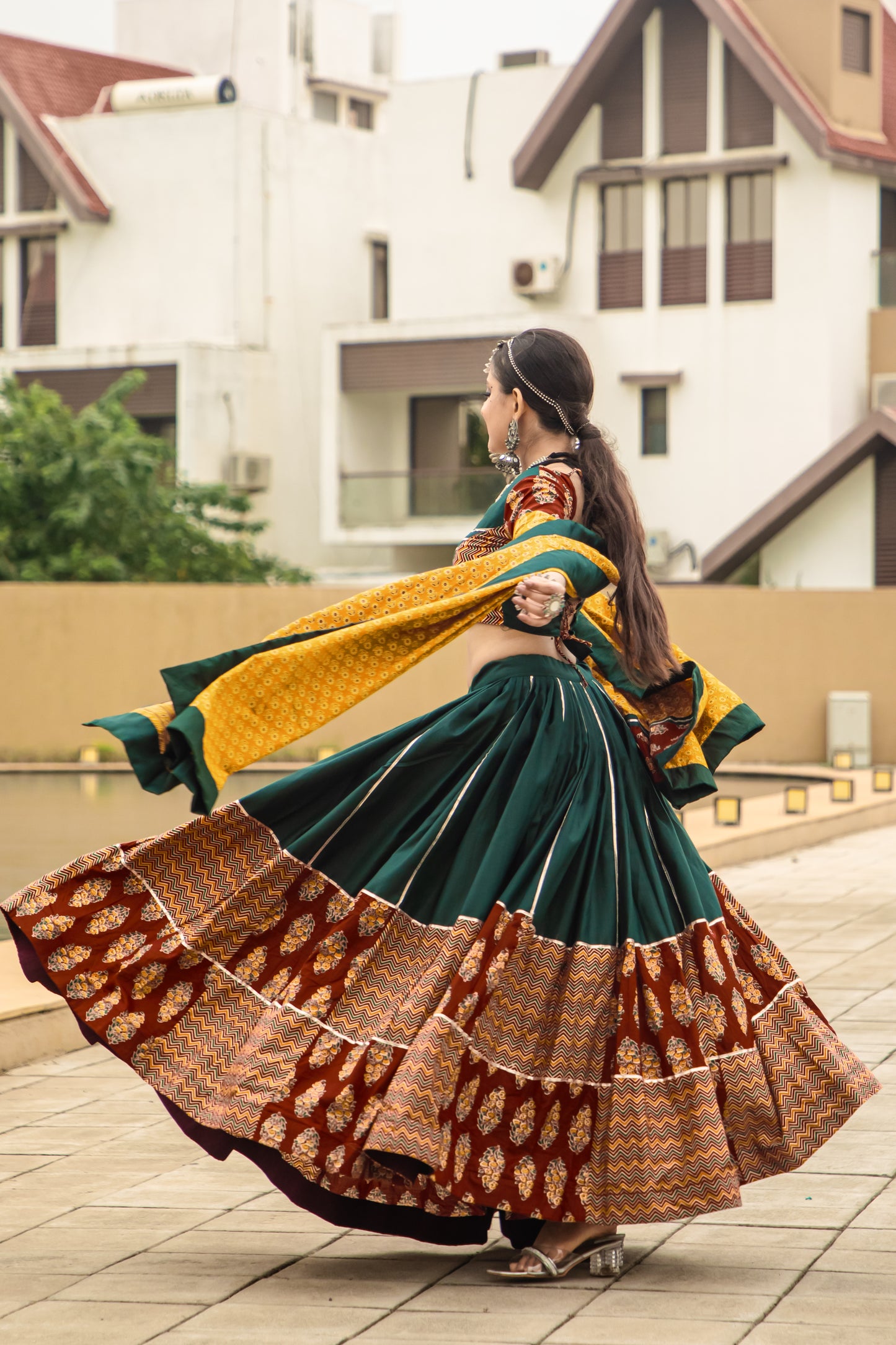 Rajwadi Green & Mustard Pure Cotton Navratri Chaniya Choli