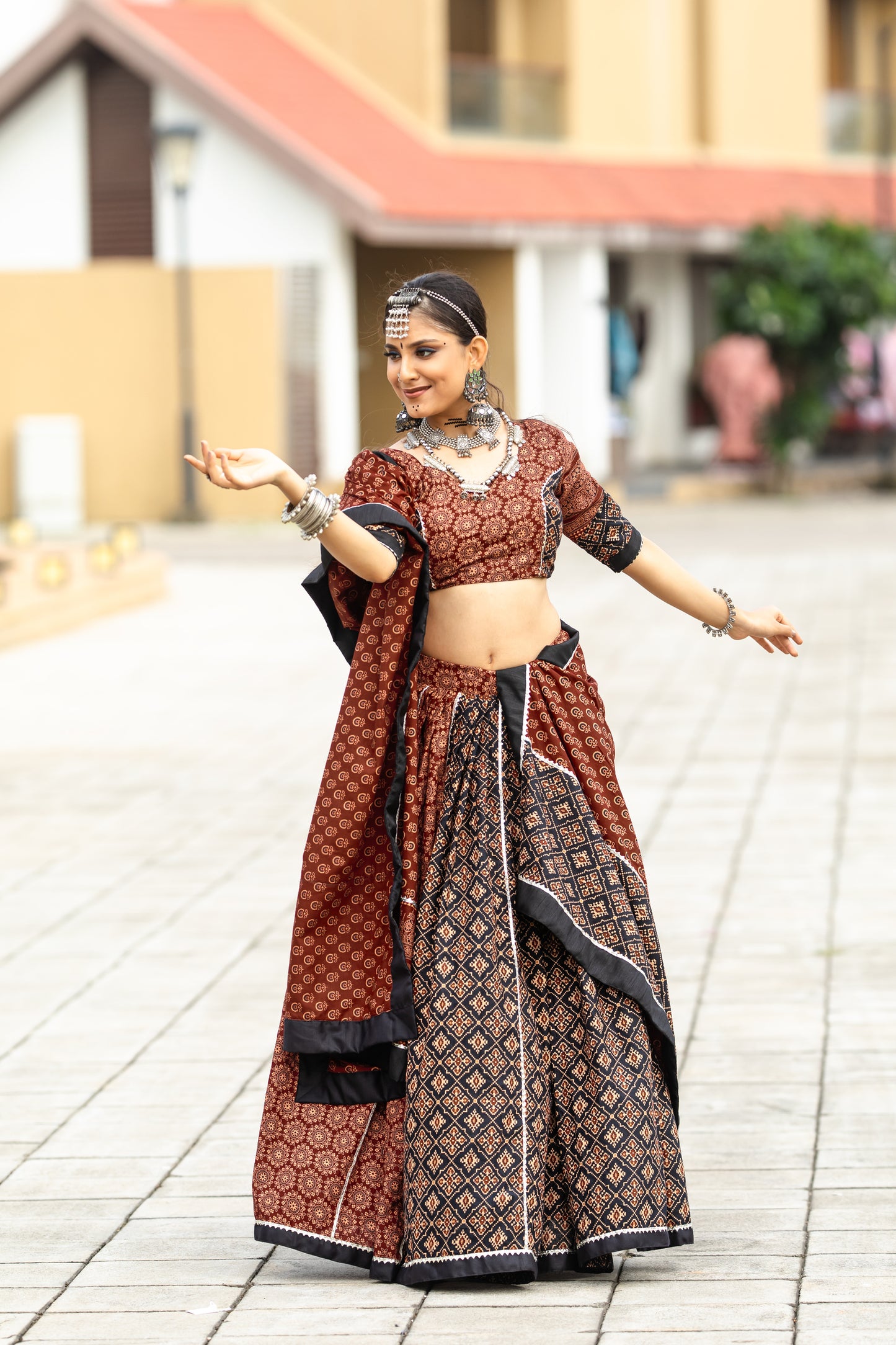 Rust Brown & Black Ajrakh Print Navratri Chaniya Choli – Traditional Ethnic Festival Wear