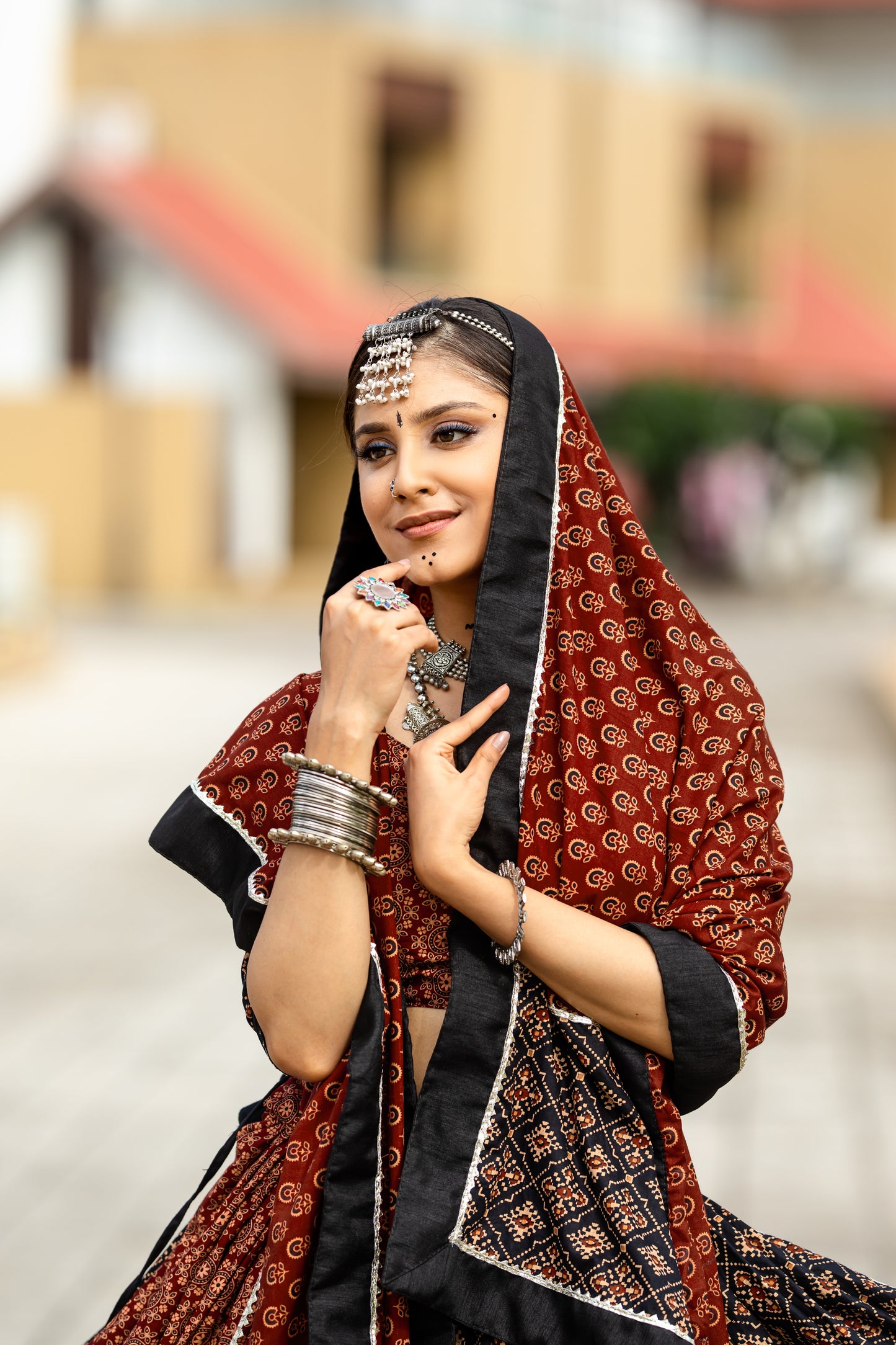 Rust Brown & Black Ajrakh Print Navratri Chaniya Choli – Traditional Ethnic Festival Wear