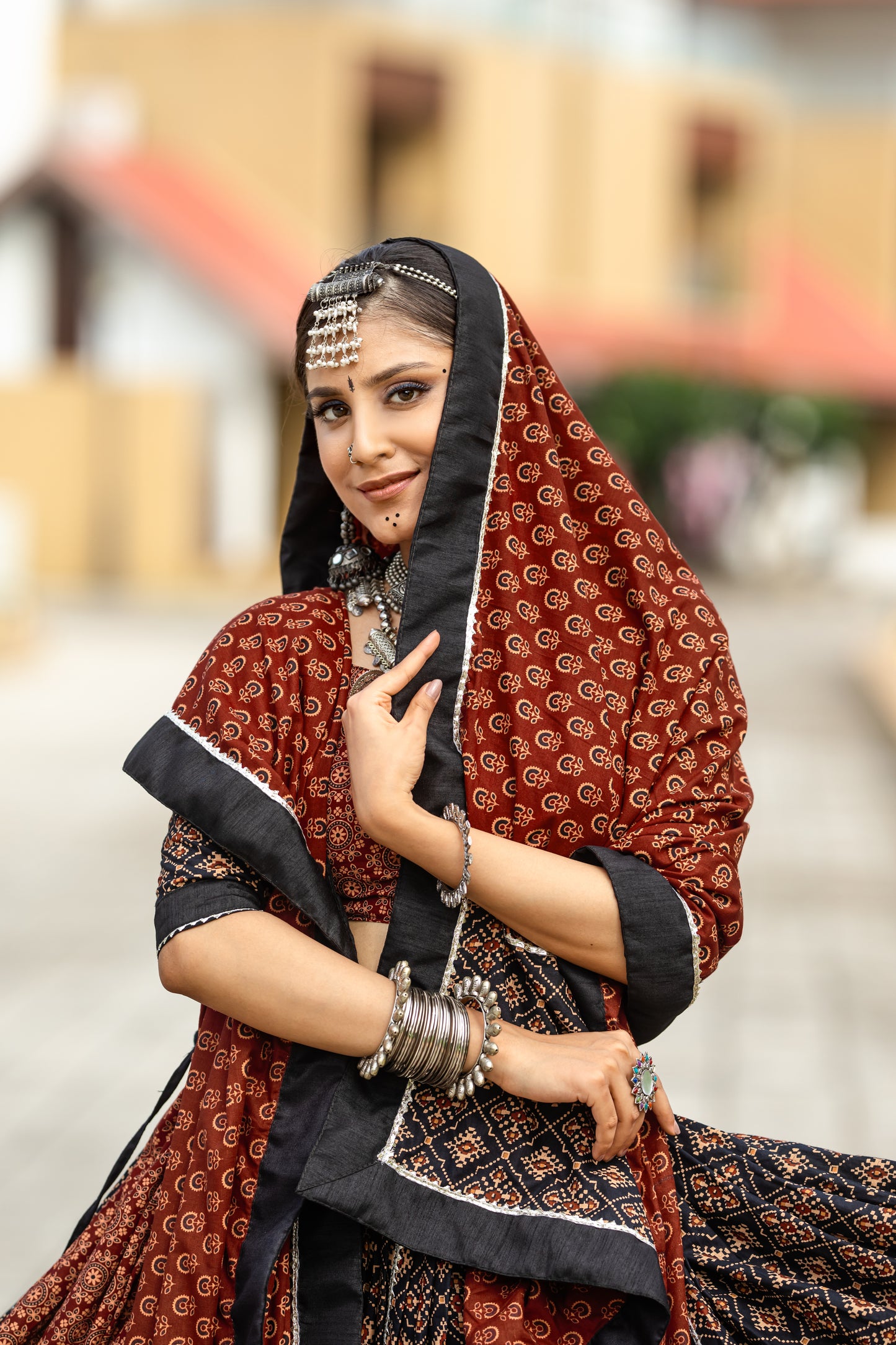 Rust Brown & Black Ajrakh Print Navratri Chaniya Choli – Traditional Ethnic Festival Wear