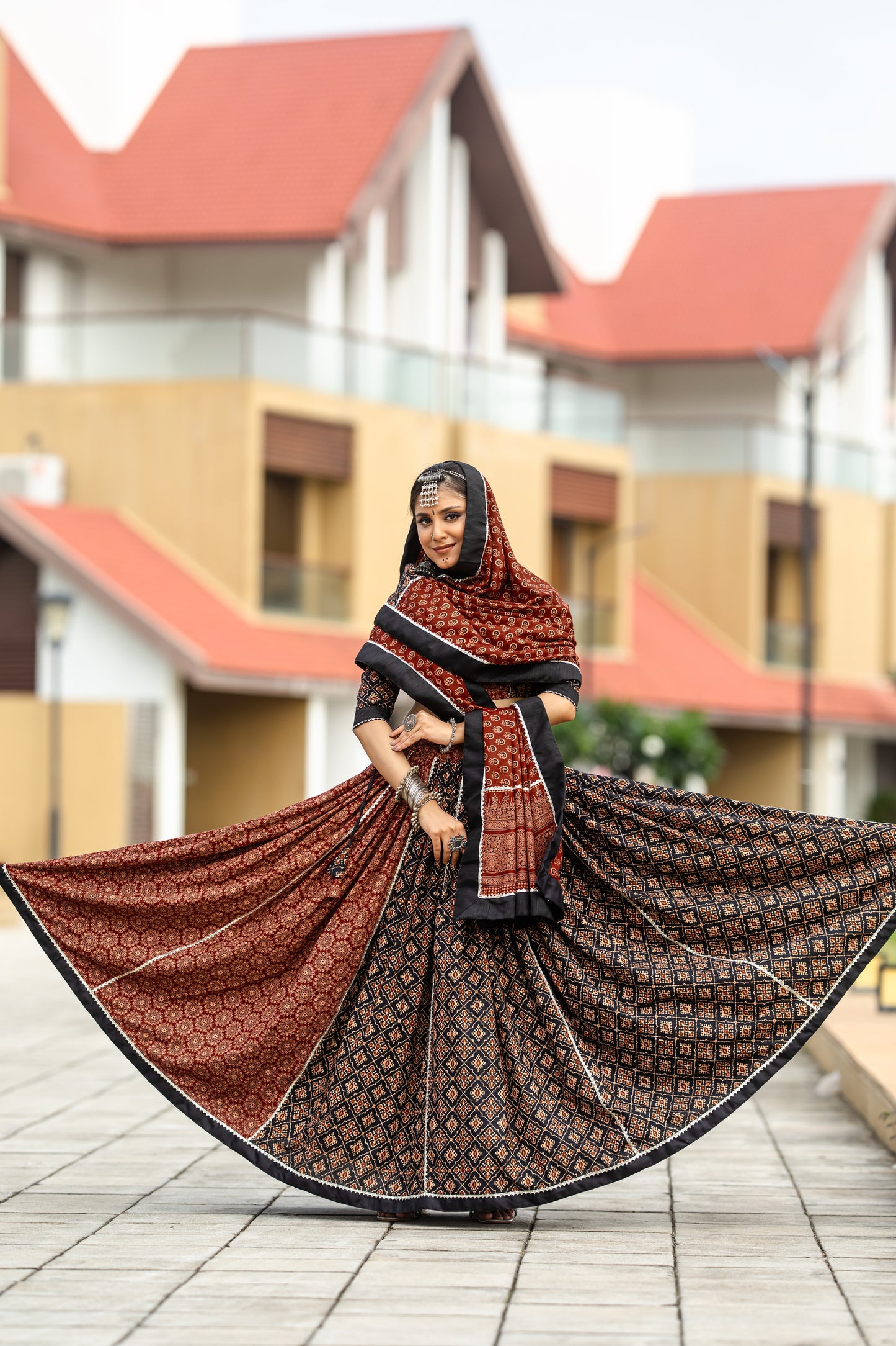 Rust Brown & Black Ajrakh Print Navratri Chaniya Choli – Traditional Ethnic Festival Wear