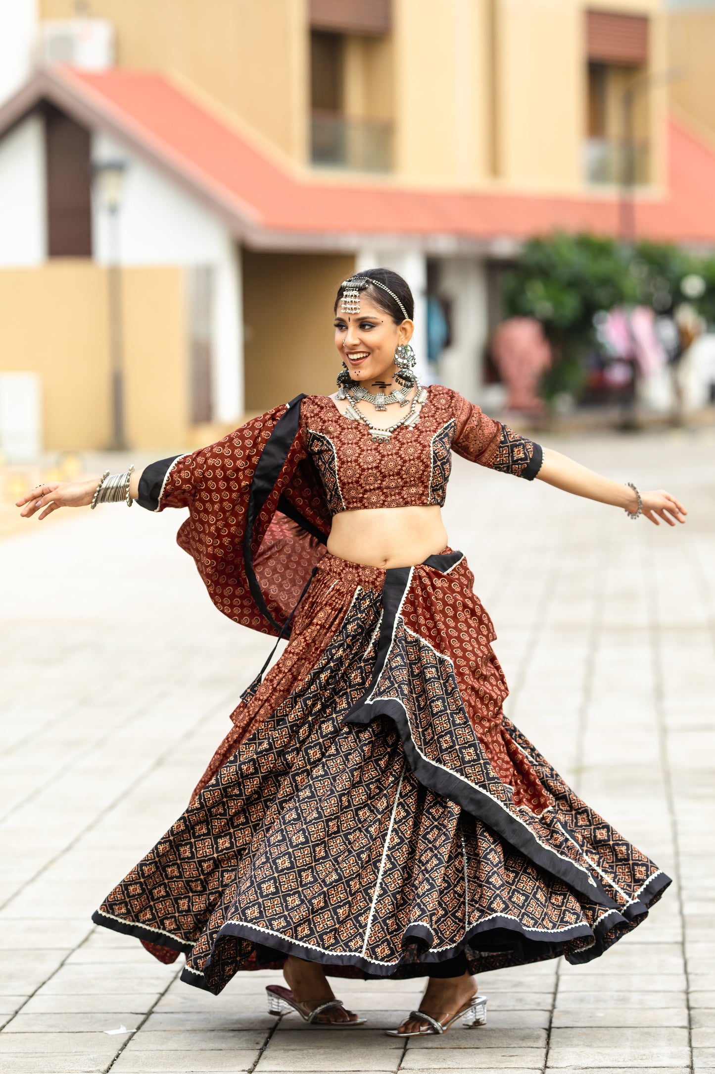 Rust Brown & Black Ajrakh Print Navratri Chaniya Choli – Traditional Ethnic Festival Wear