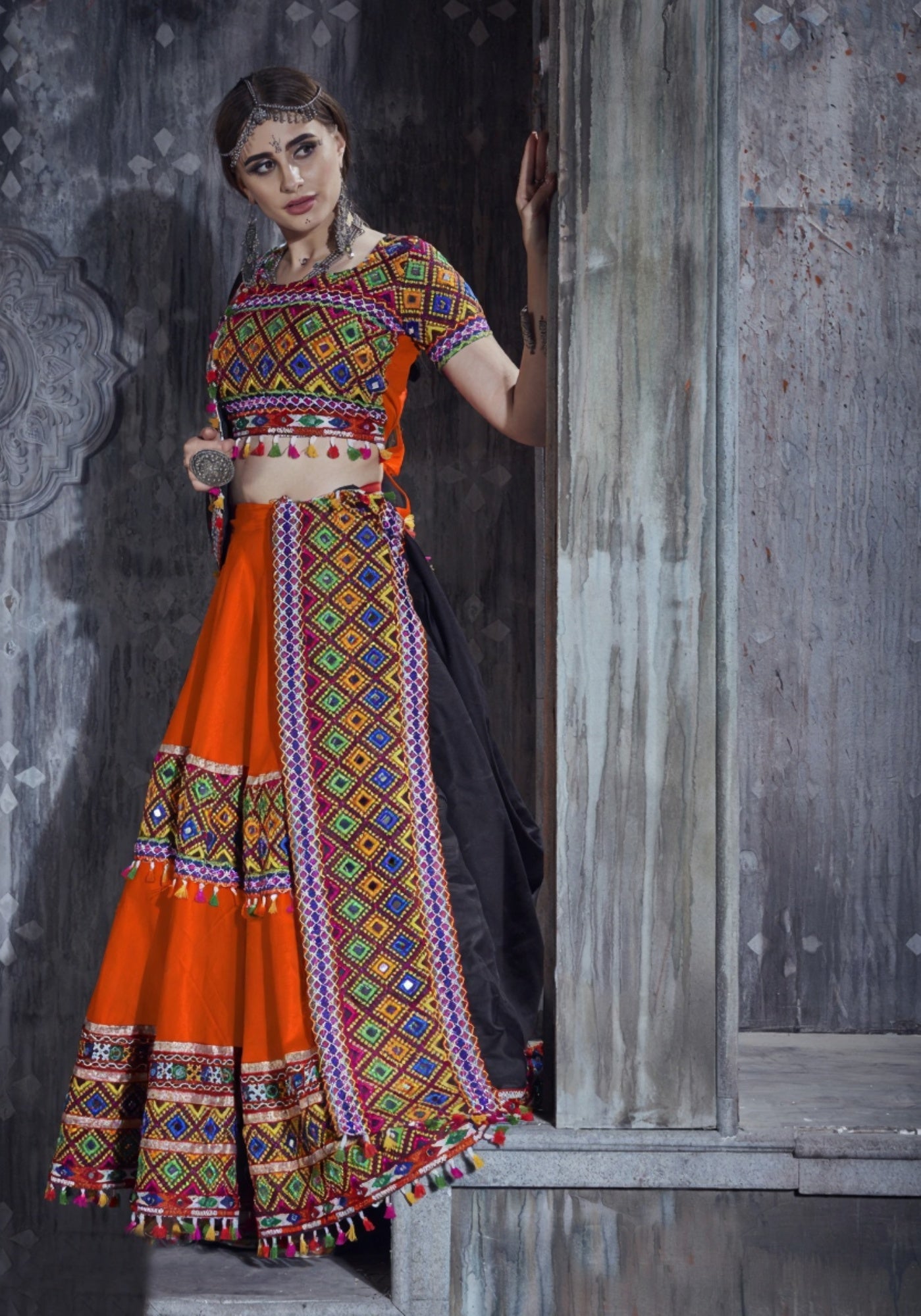 Designer Orange & Black Navratri Chaniya Choli with Gamthi Mirror Embroidery – Festive Garba Wear