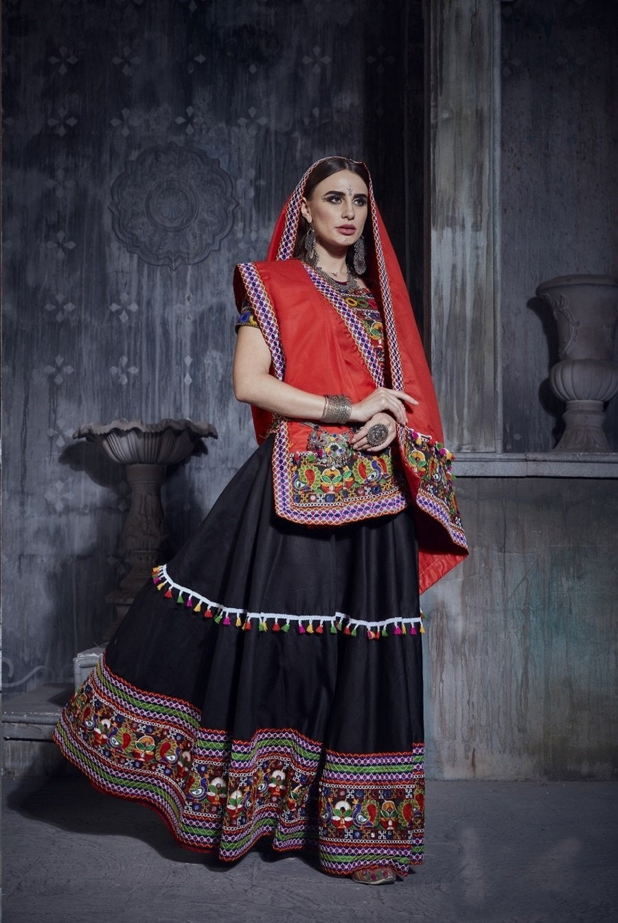 Rajwadi Black Gamthi Embroidered Navratri Chaniya Choli with Red Dupatta – Design