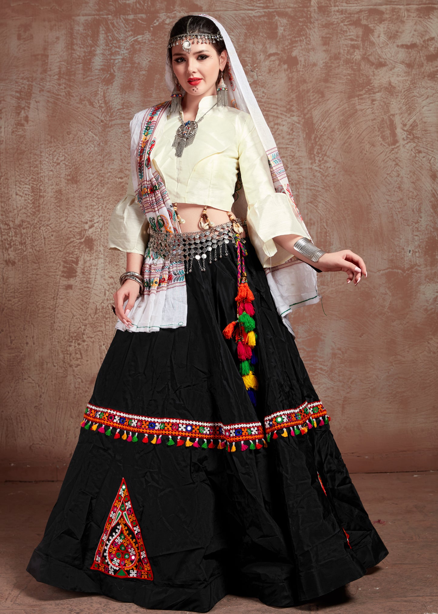 White & Black Kutchi Embroidered Navratri Chaniya Choli with Tassel Work Dupatta – Festival Garba Outfit