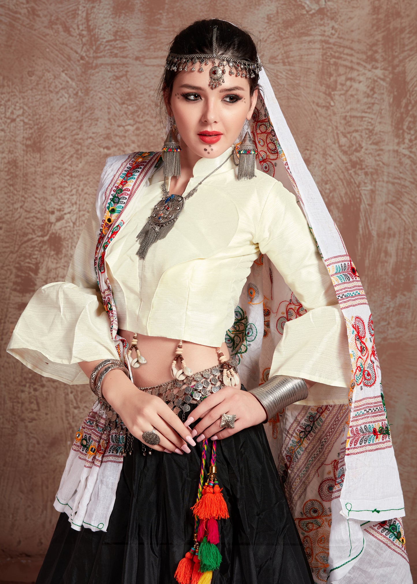 White & Black Kutchi Embroidered Navratri Chaniya Choli with Tassel Work Dupatta – Festival Garba Outfit