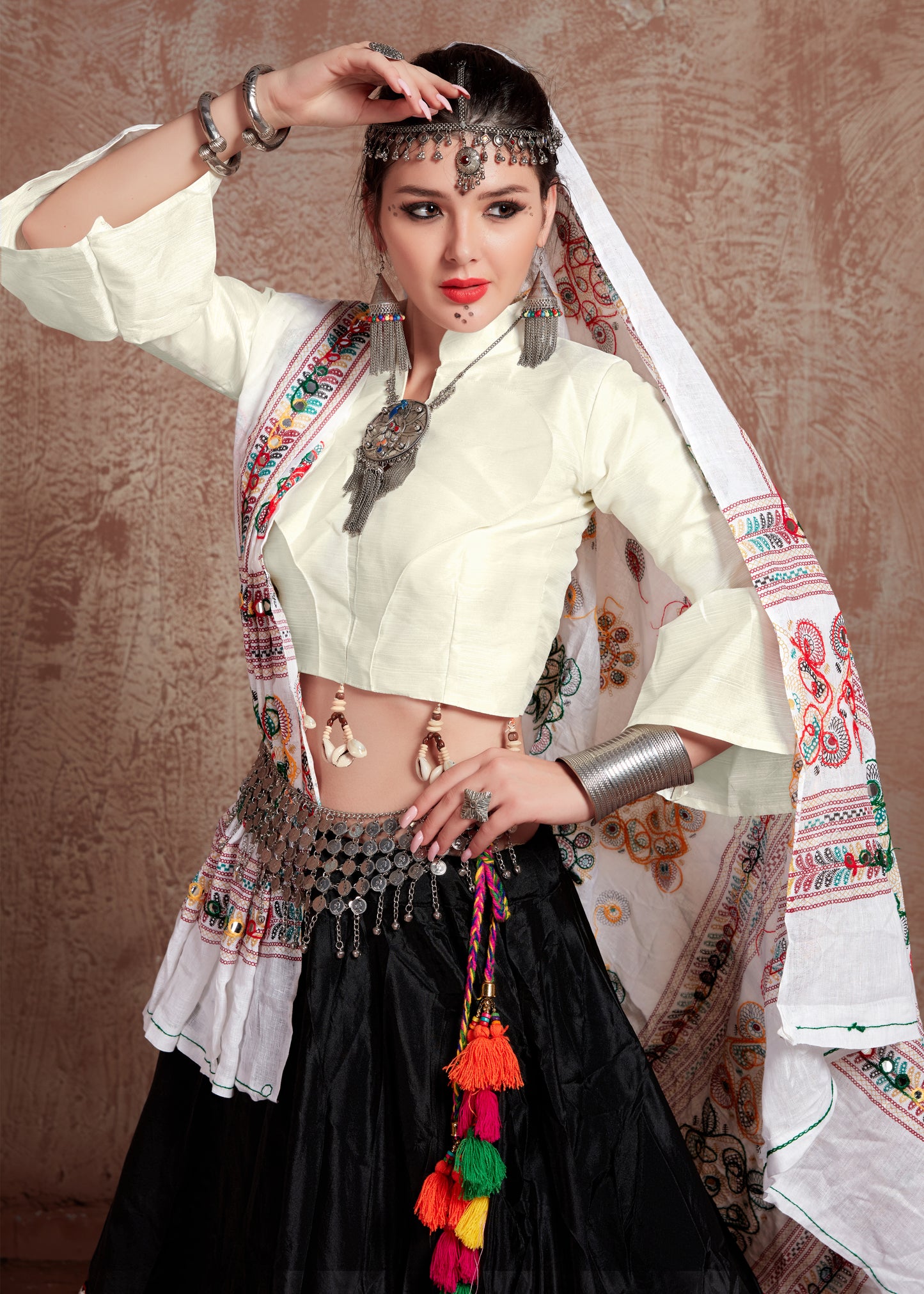 White & Black Kutchi Embroidered Navratri Chaniya Choli with Tassel Work Dupatta – Festival Garba Outfit
