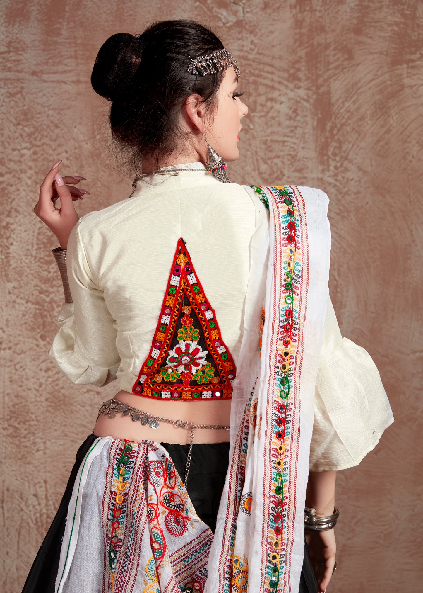 White & Black Kutchi Embroidered Navratri Chaniya Choli with Tassel Work Dupatta – Festival Garba Outfit