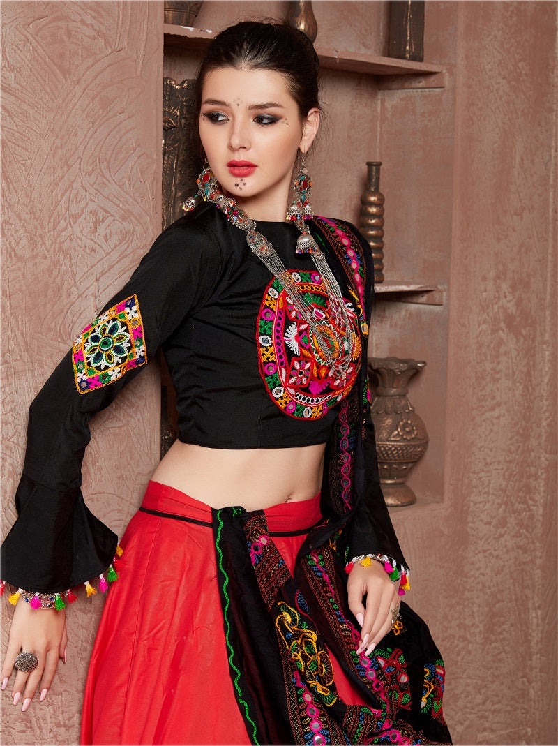 Red & Black Gamthi Embroidered Navratri Lehenga Choli with Dupatta