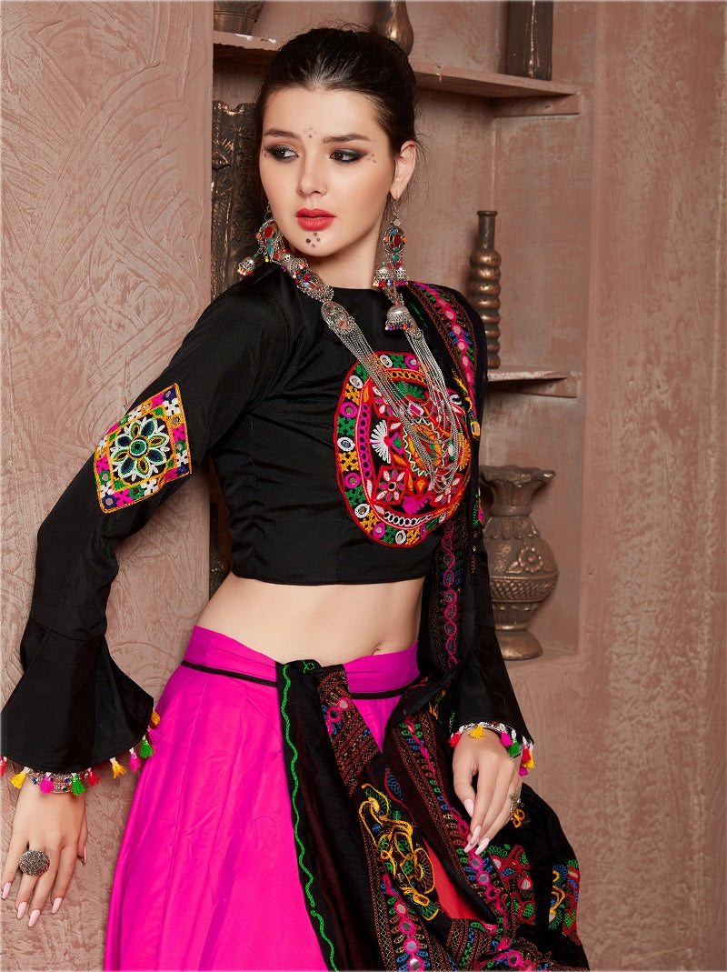 Pink & Black Gamthi Embroidered Navratri Lehenga Choli with Dupatta