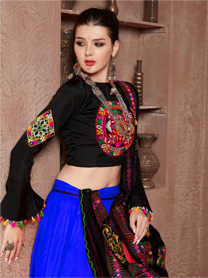 Royal Blue & Black Gamthi Embroidered Navratri Lehenga Choli with Dupatta